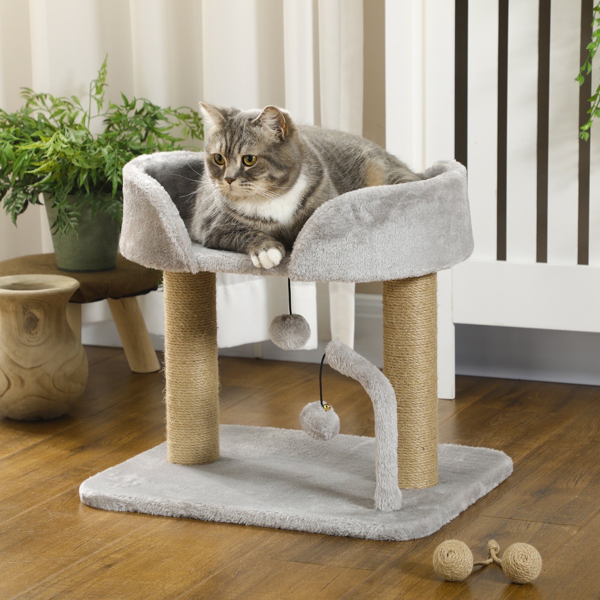 PawHut Cat Tree, 16.5" Small Cat Tower Condo for Indoor Cats with Jute Scratching Posts, Top Perch, Dangling Balls, Cat Activity Centre, Light Grey