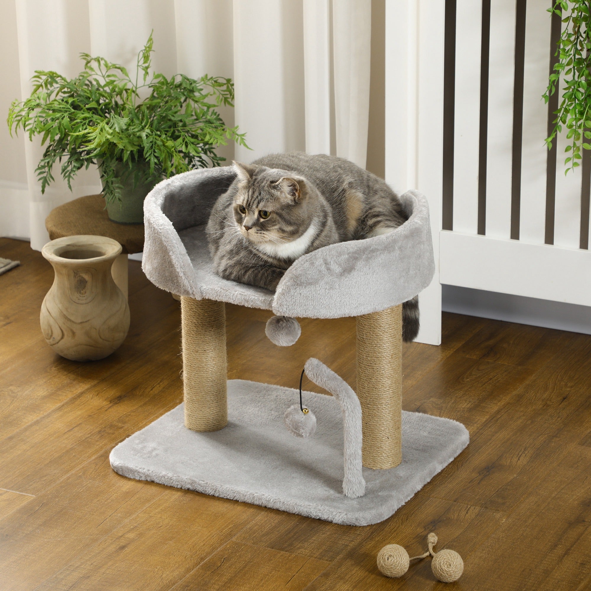 PawHut Cat Tree, 16.5" Small Cat Tower Condo for Indoor Cats with Jute Scratching Posts, Top Perch, Dangling Balls, Cat Activity Centre, Light Grey