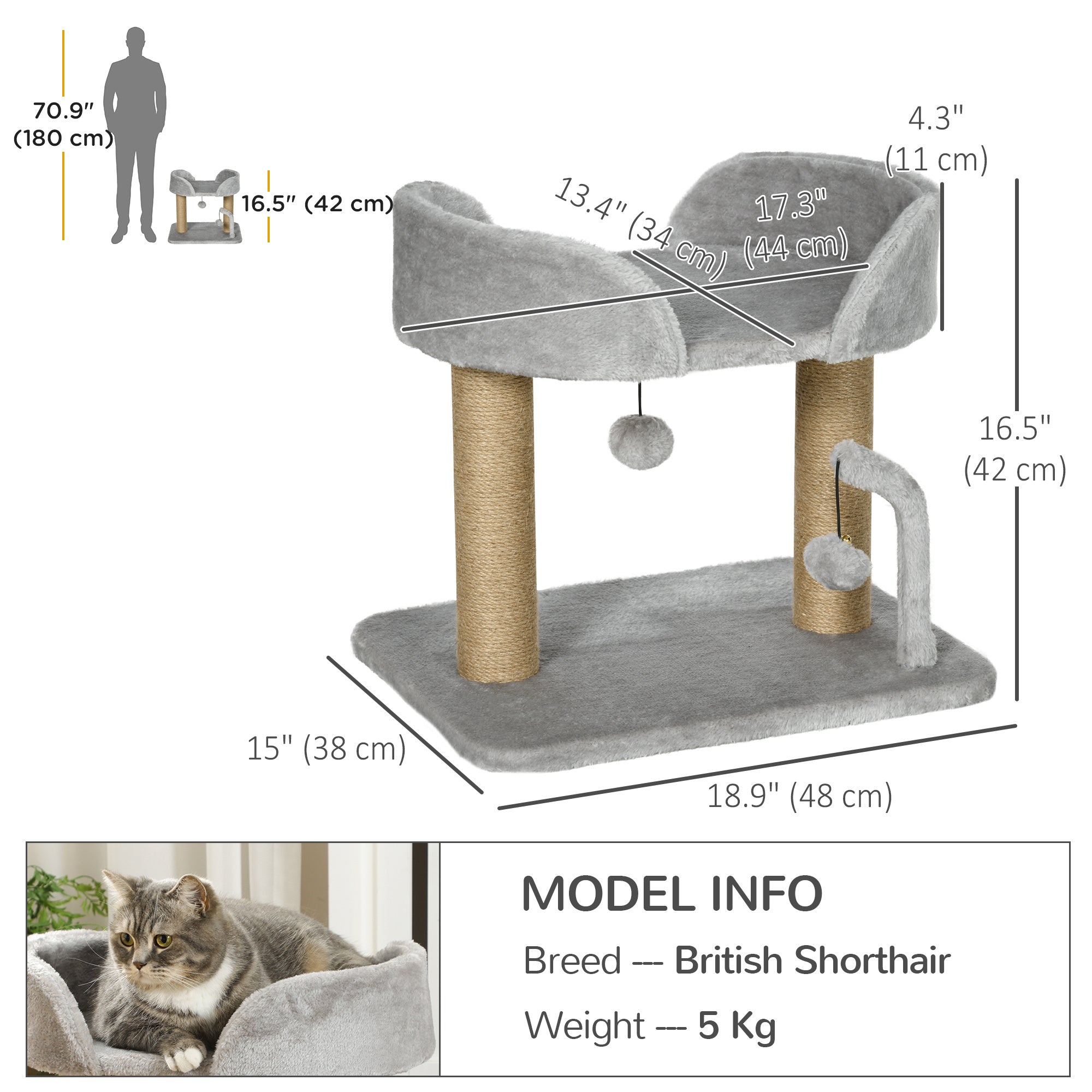 PawHut Cat Tree, 16.5" Small Cat Tower Condo for Indoor Cats with Jute Scratching Posts, Top Perch, Dangling Balls, Cat Activity Centre, Light Grey