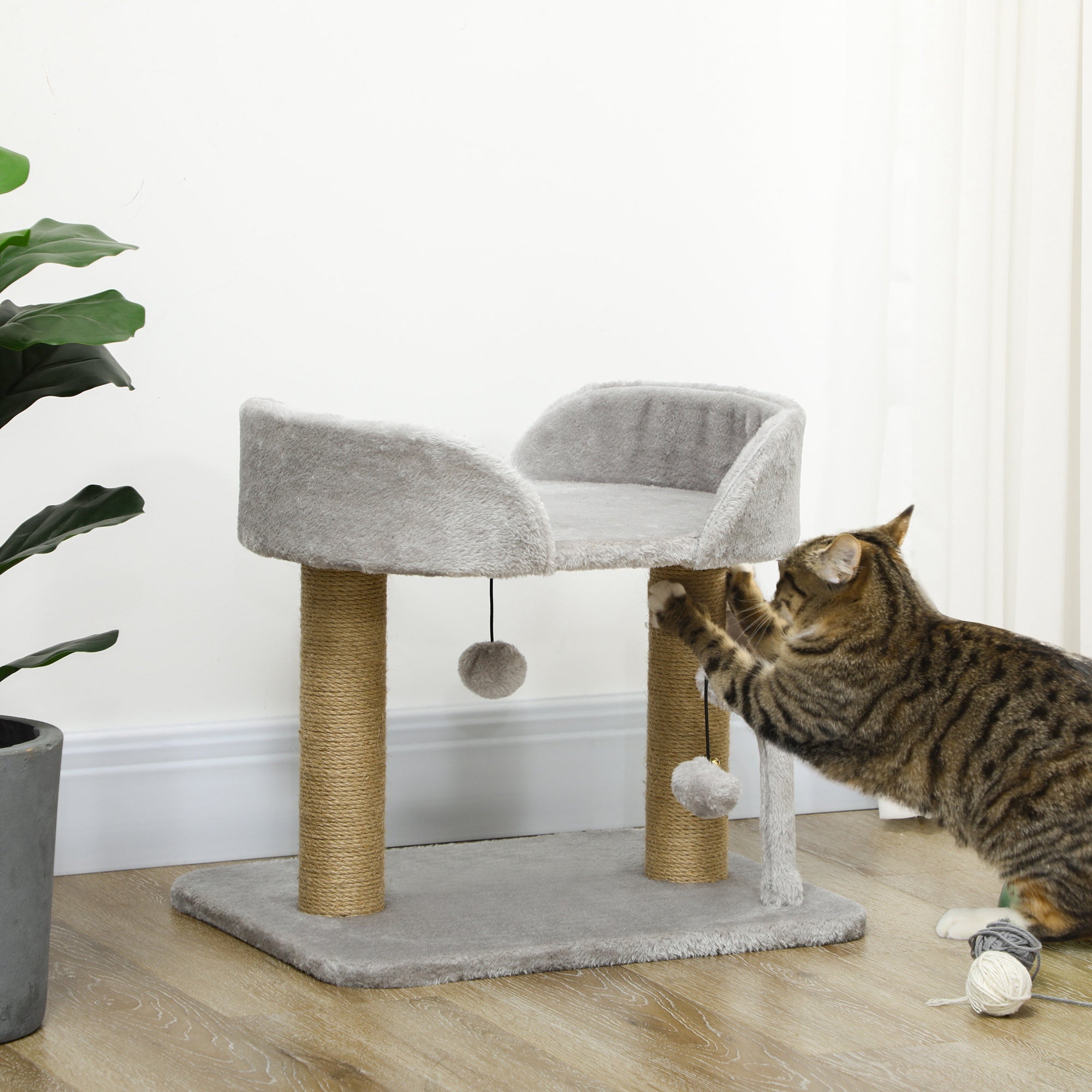 PawHut Cat Tree, 16.5" Small Cat Tower Condo for Indoor Cats with Jute Scratching Posts, Top Perch, Dangling Balls, Cat Activity Centre, Light Grey