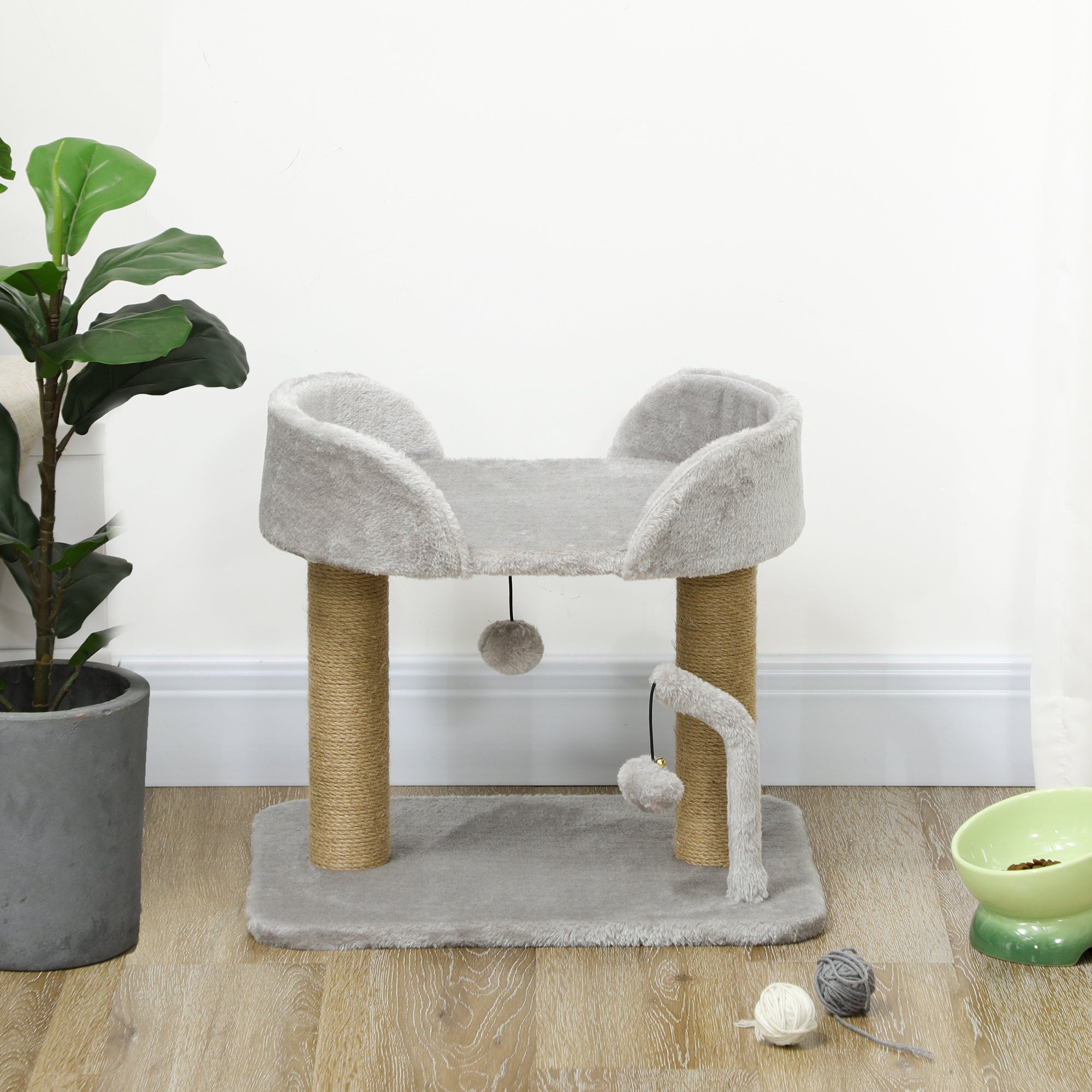PawHut Cat Tree, 16.5" Small Cat Tower Condo for Indoor Cats with Jute Scratching Posts, Top Perch, Dangling Balls, Cat Activity Centre, Light Grey