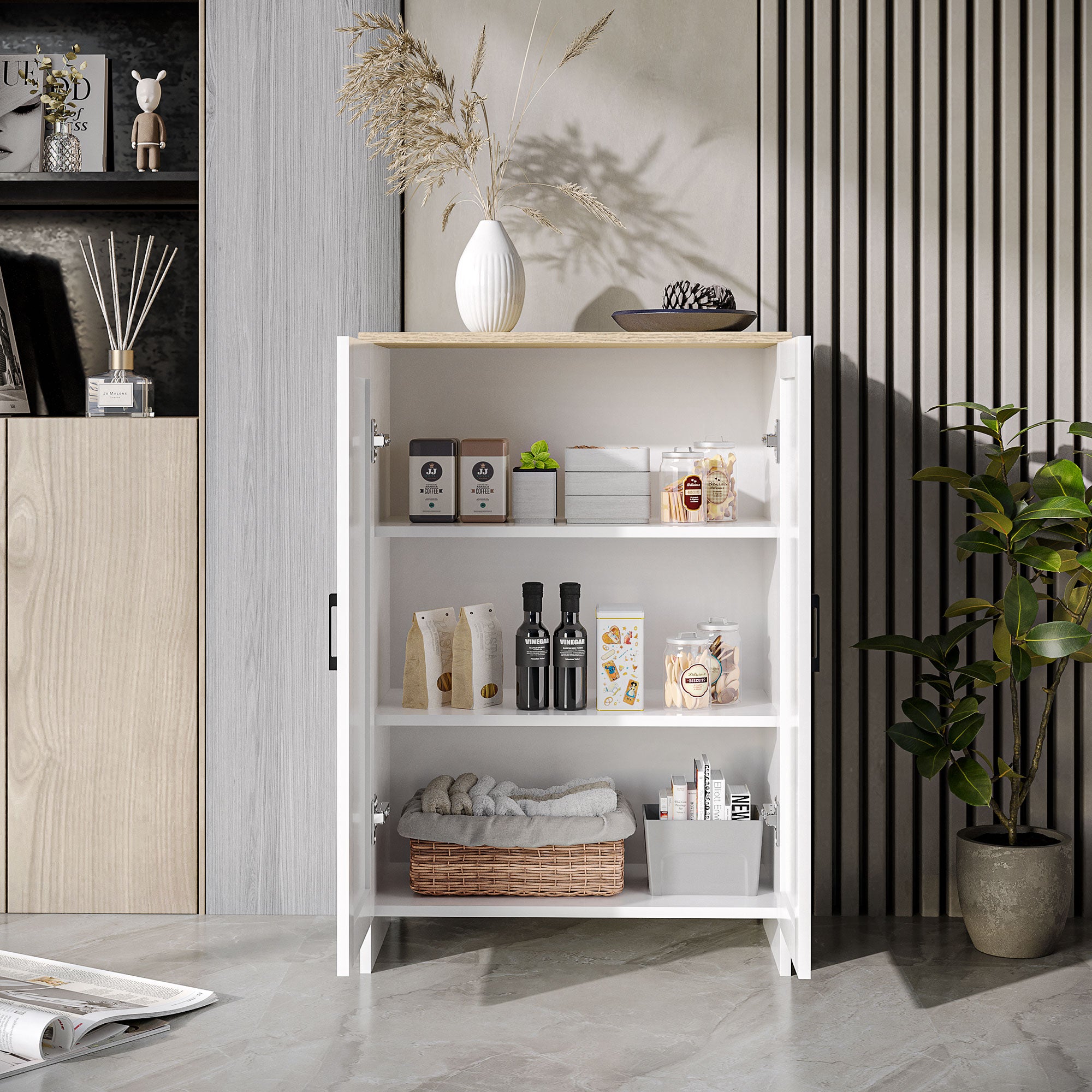 HOMCOM Modern Buffet Cabinet with Storage, 24" Narrow Sideboard, Kitchen Storage Cabinet with 2 Shaker Doors and Adjustable Shelf, White