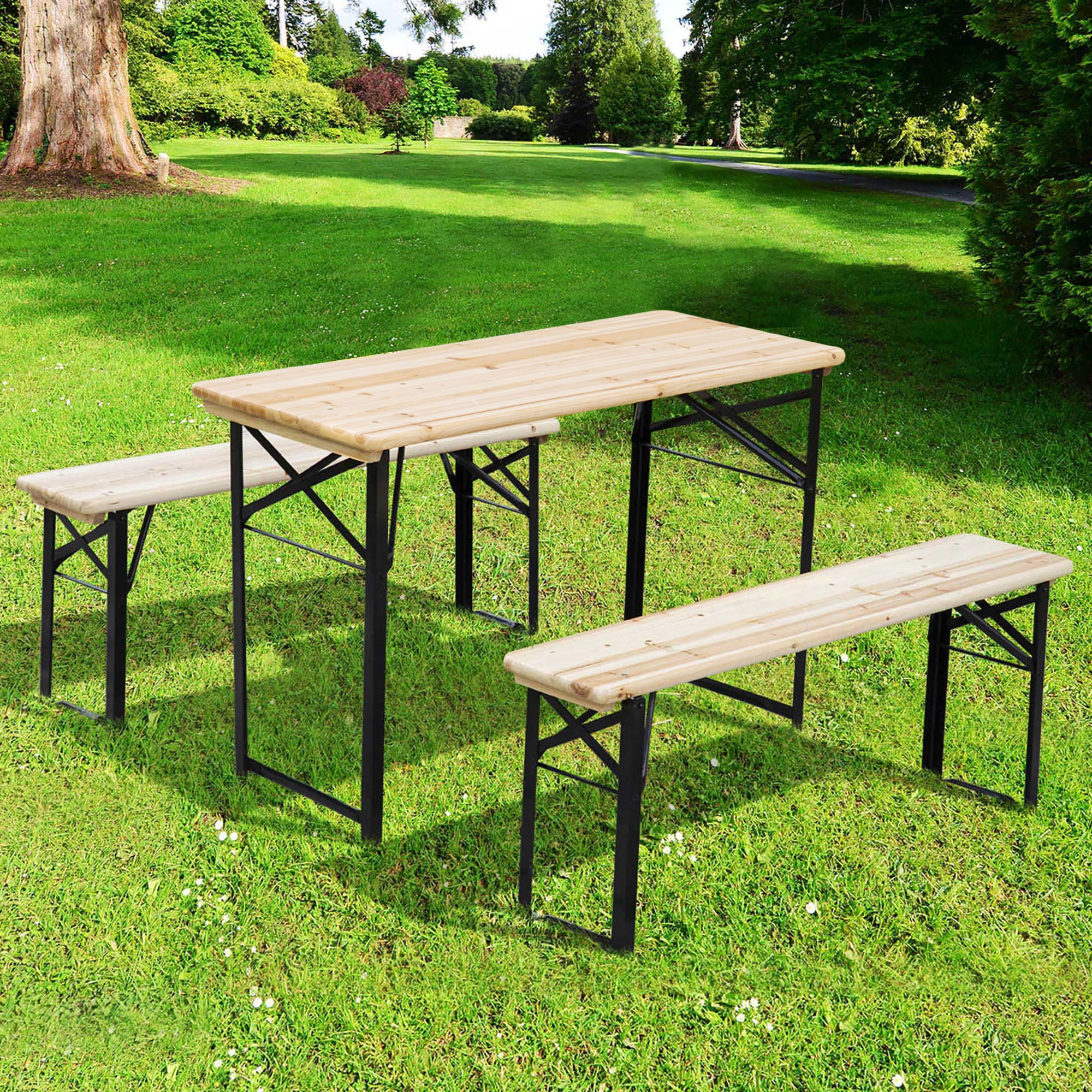 Outsunny 3 Pieces Folding Picnic Table Set, Portable Folding Picnic Table Set, 1 Picnic Table and 2 Benches, Natural