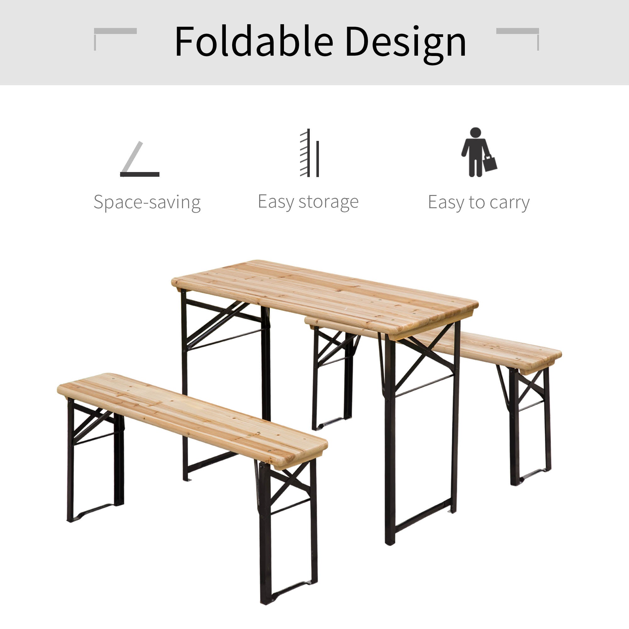 Outsunny 3 Pieces Folding Picnic Table Set, Portable Folding Picnic Table Set, 1 Picnic Table and 2 Benches, Natural