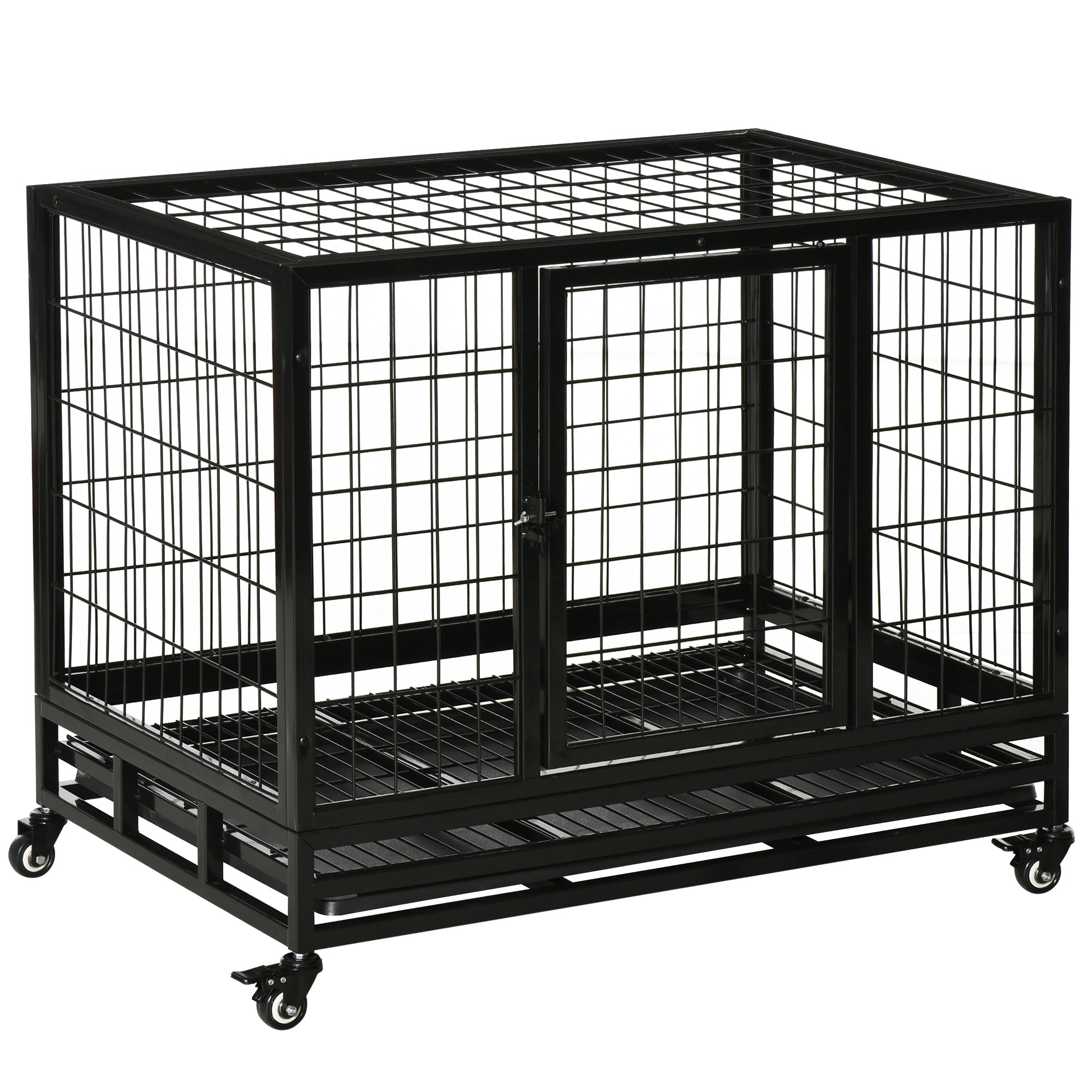 PawHut Heavy Duty Dog Crate Cage for Medium Small Dogs Cats with Two Doors, Lockable Wheels, Removable Tray, 36