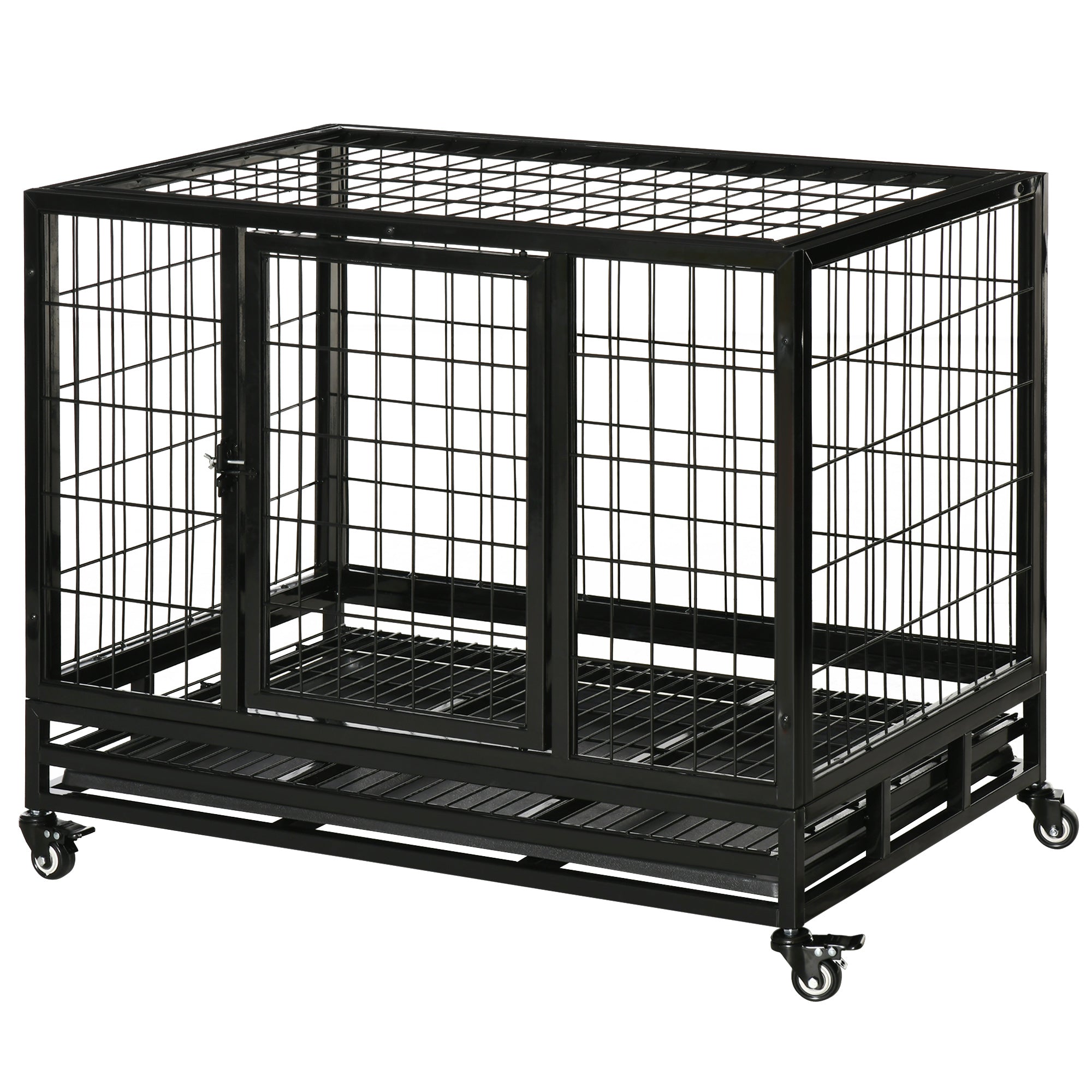 PawHut Heavy Duty Dog Crate Cage for Medium Small Dogs Cats with Two Doors, Lockable Wheels, Removable Tray, 36