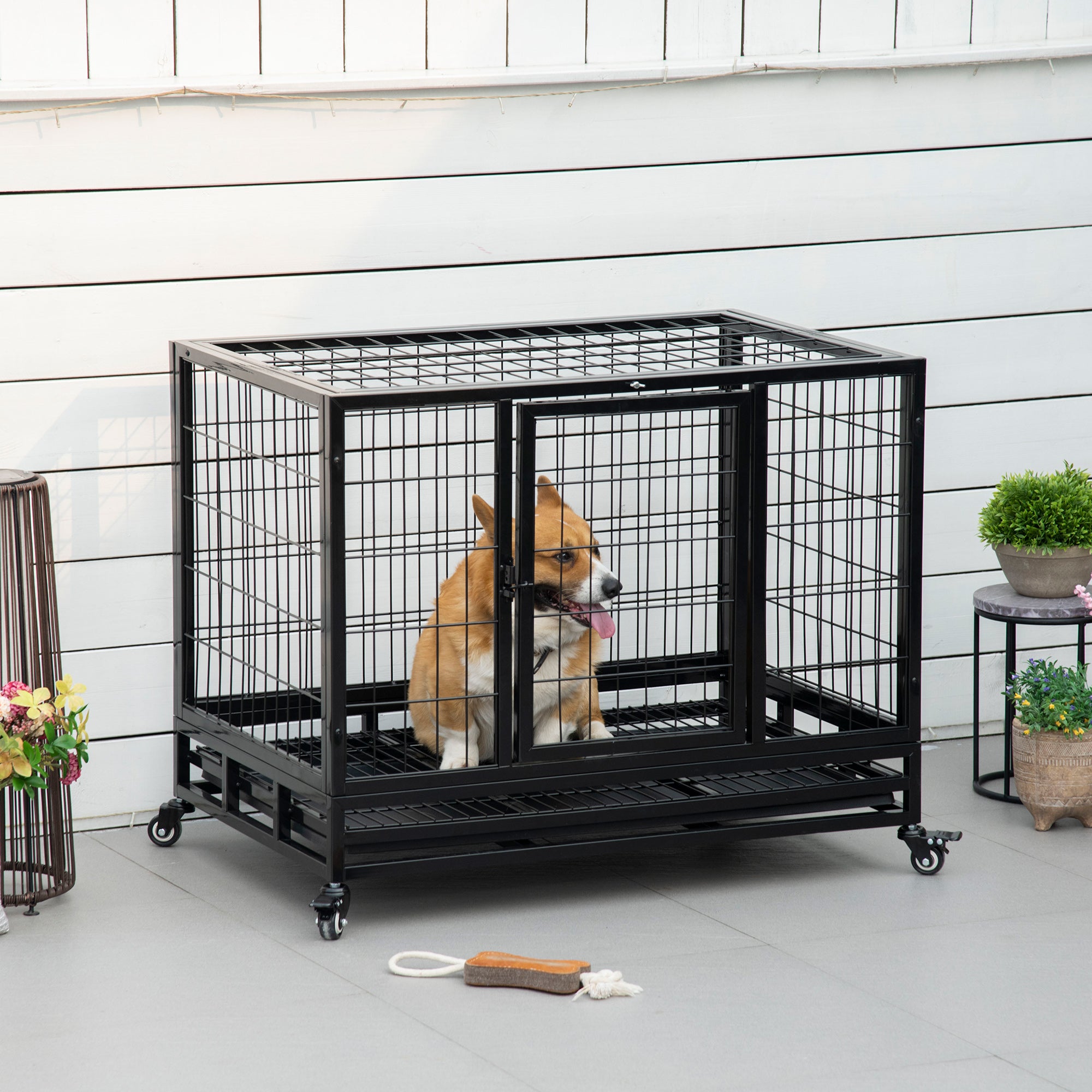 PawHut Heavy Duty Dog Crate Cage for Medium Small Dogs Cats with Two Doors, Lockable Wheels, Removable Tray, 36