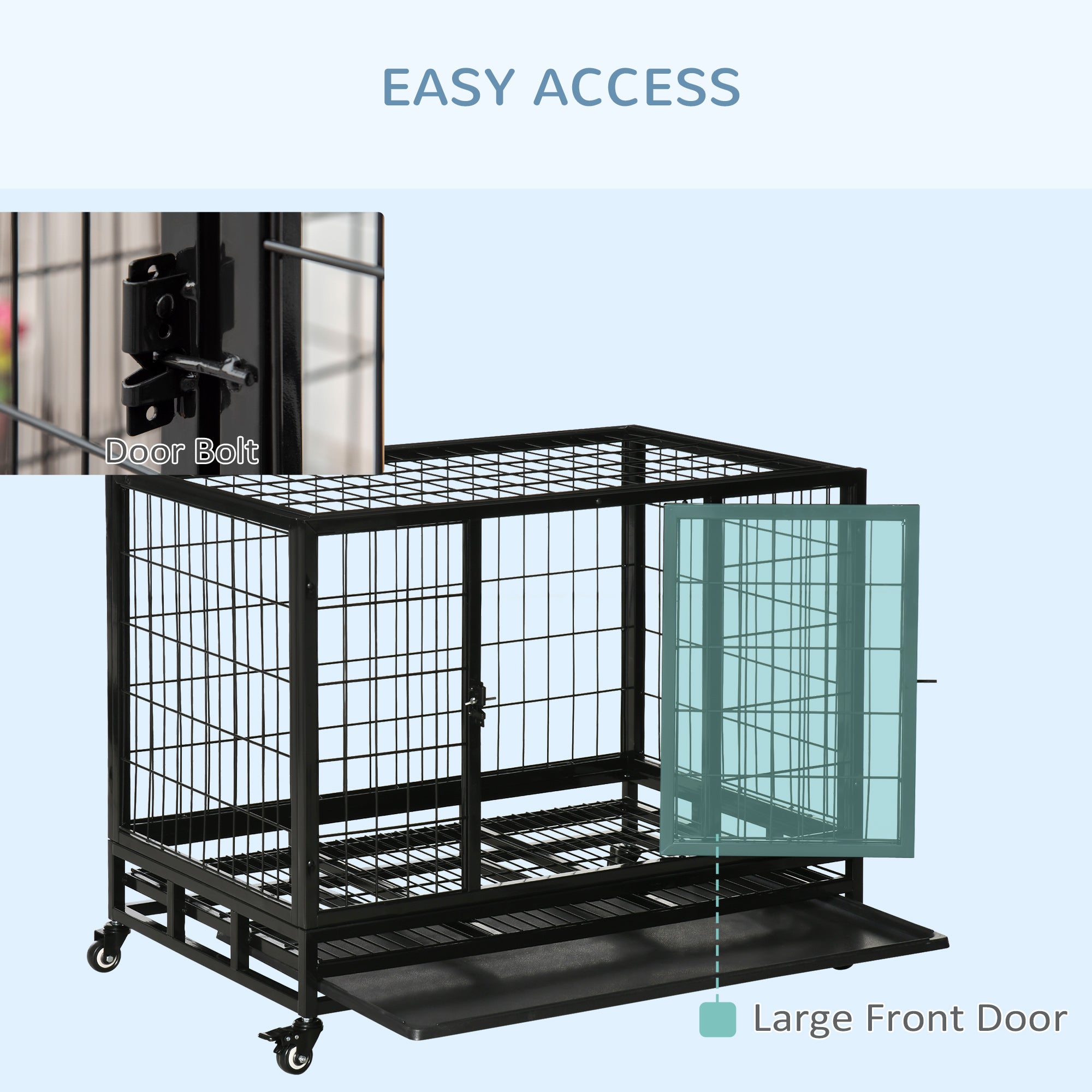 PawHut Heavy Duty Dog Crate Cage for Medium Small Dogs Cats with Two Doors, Lockable Wheels, Removable Tray, 36