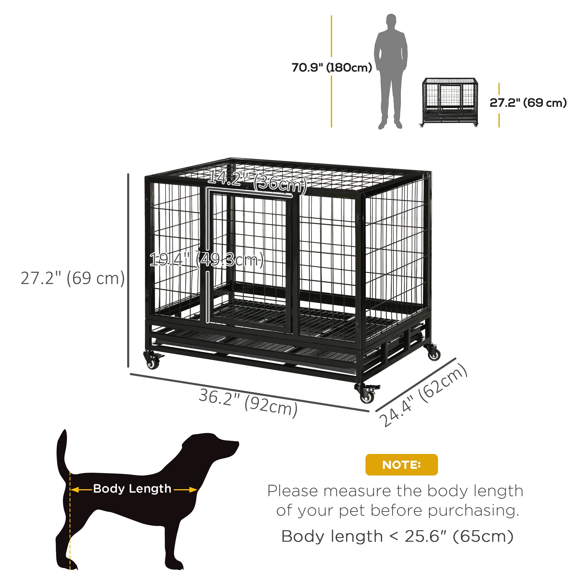 PawHut Heavy Duty Dog Crate Cage for Medium Small Dogs Cats with Two Doors, Lockable Wheels, Removable Tray, 36" x 24" x 27"