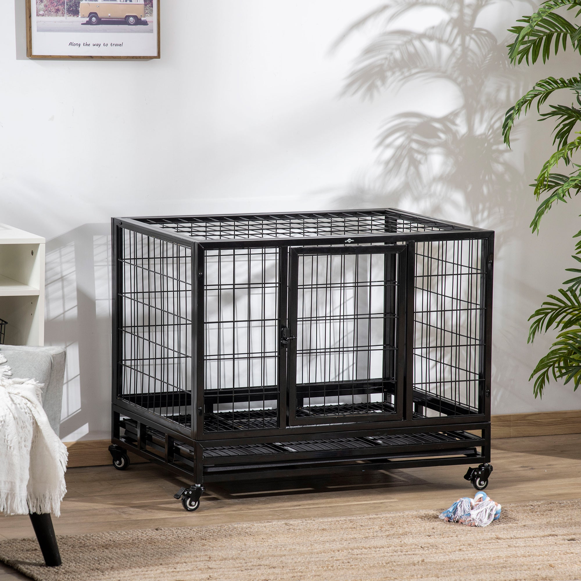 PawHut Heavy Duty Dog Crate Cage for Medium Small Dogs Cats with Two Doors, Lockable Wheels, Removable Tray, 36