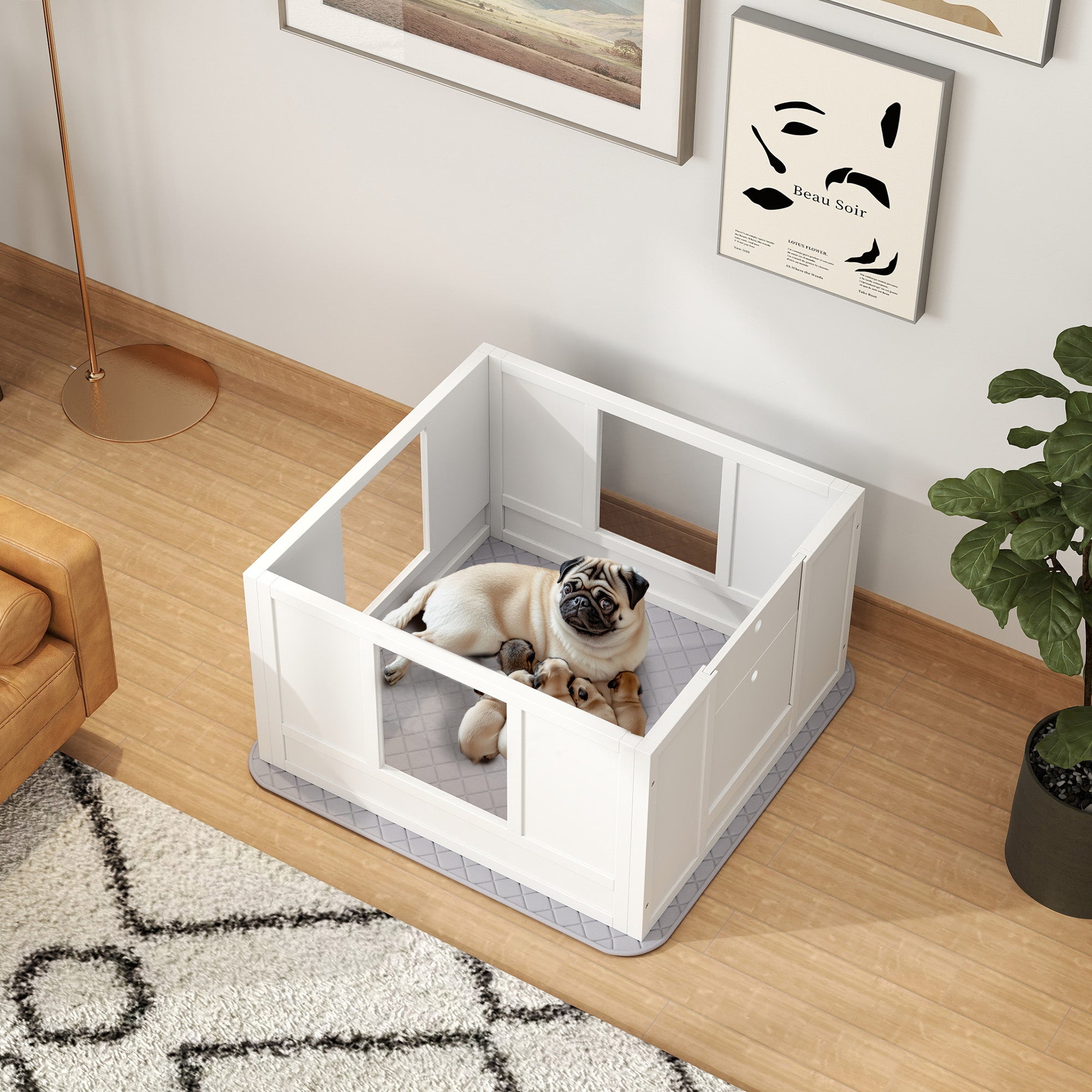 PawHut Whelping Box for Dogs with Waterproof Whelping Pad, Dog Whelping Pen with Clear Panels, Adjustable Entrance, Double Room, Non-slip Foot Pads, for Small Dogs, 33.1" L x 31.5" W x 18.9" H