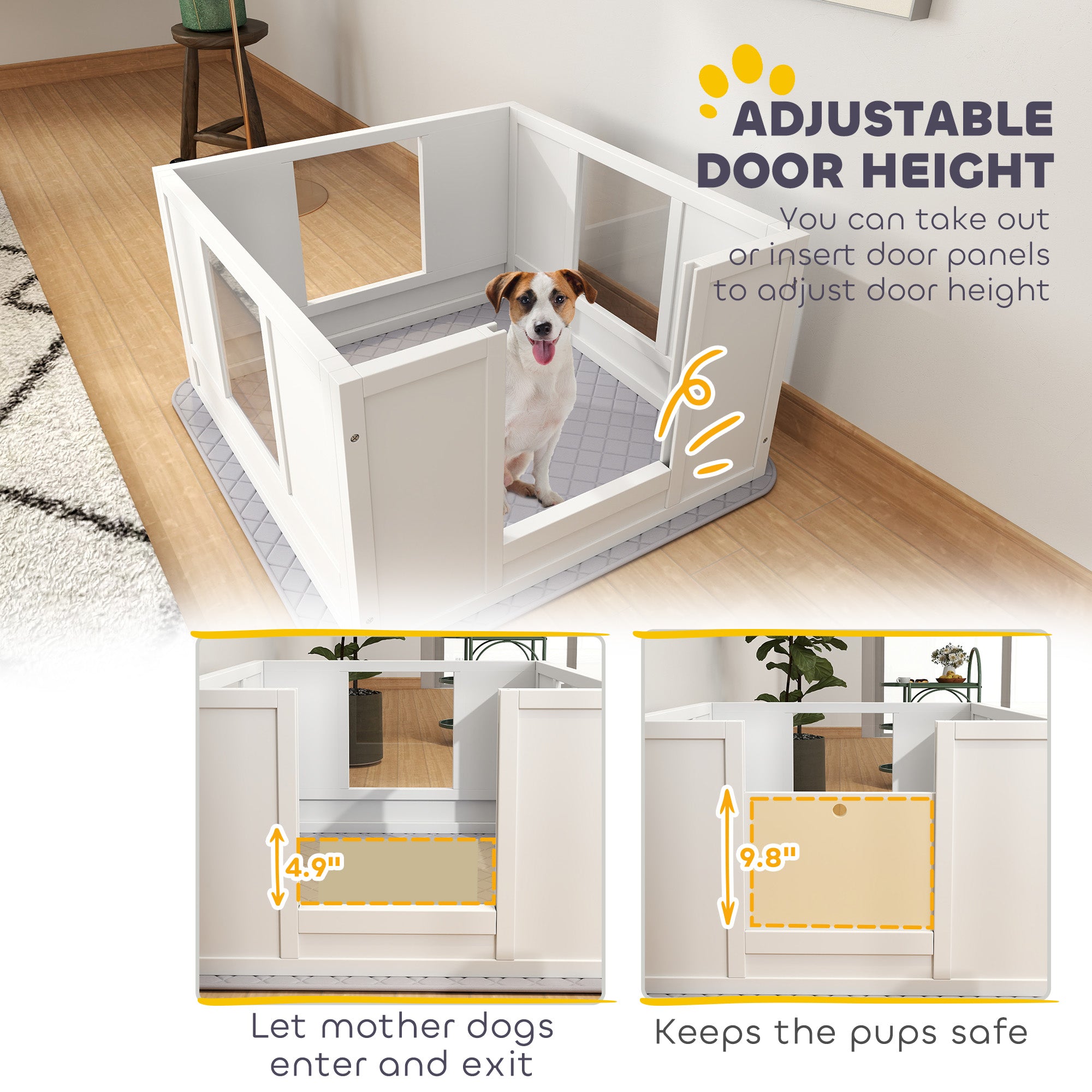 PawHut Whelping Box for Dogs with Waterproof Whelping Pad, Dog Whelping Pen with Clear Panels, Adjustable Entrance, Double Room, Non-slip Foot Pads, for Small Dogs, 33.1" L x 31.5" W x 18.9" H