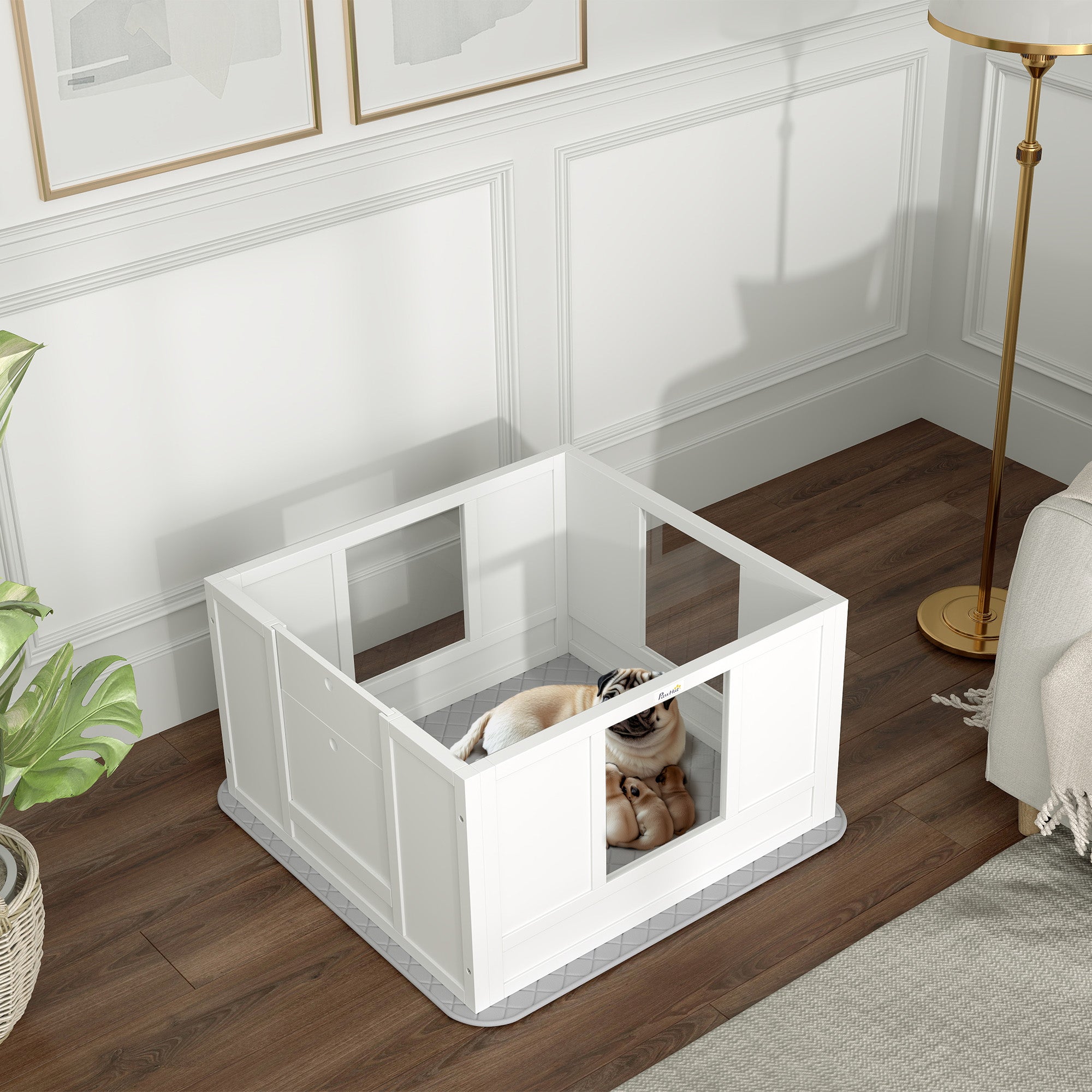 PawHut Whelping Box for Dogs with Waterproof Whelping Pad, Dog Whelping Pen with Clear Panels, Adjustable Entrance, Double Room, Non-slip Foot Pads, for Small Dogs, 33.1" L x 31.5" W x 18.9" H