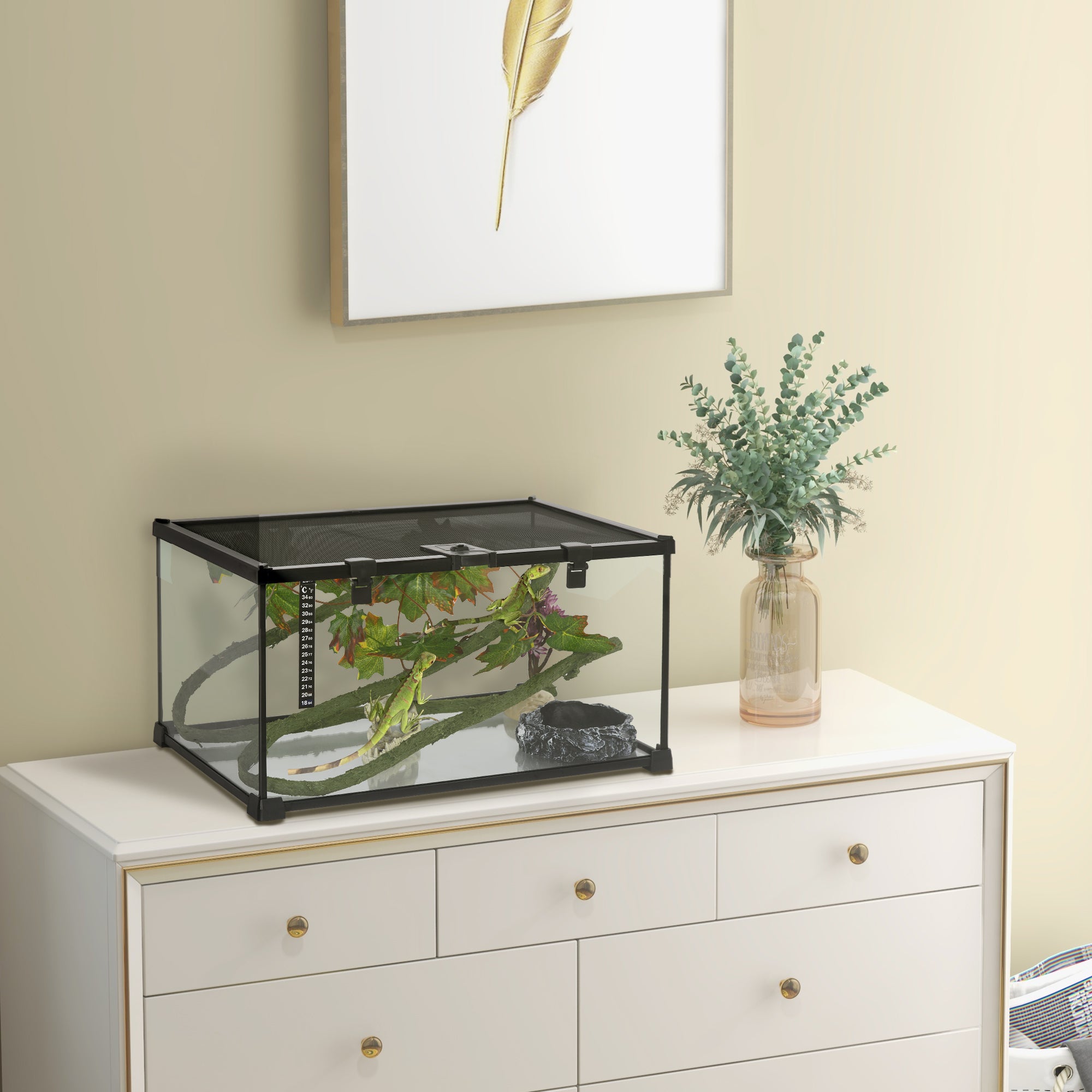 PawHut Vivarium, Terrarium, Glass Reptile Habitat w/ Thermometer, Decoration, Heat for Lizards, Horned Frogs, Snakes, Spiders, 50 x 30 x 25cm