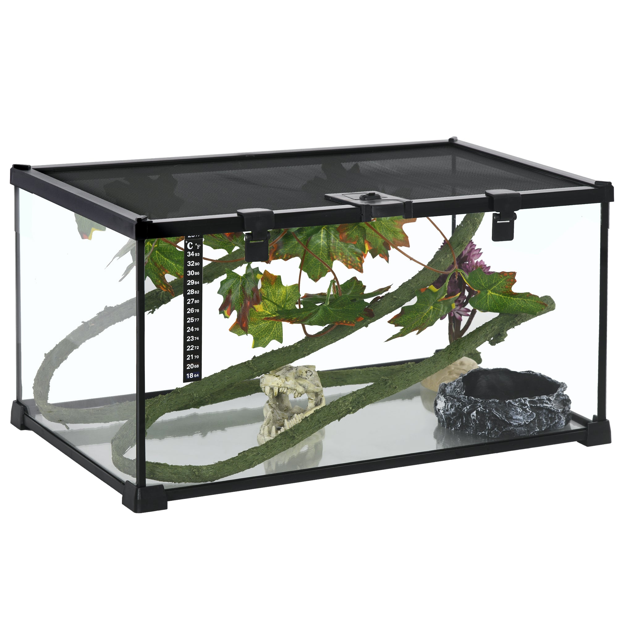 PawHut Vivarium, Terrarium, Glass Reptile Habitat w/ Thermometer, Decoration, Heat for Lizards, Horned Frogs, Snakes, Spiders, 50 x 30 x 25cm