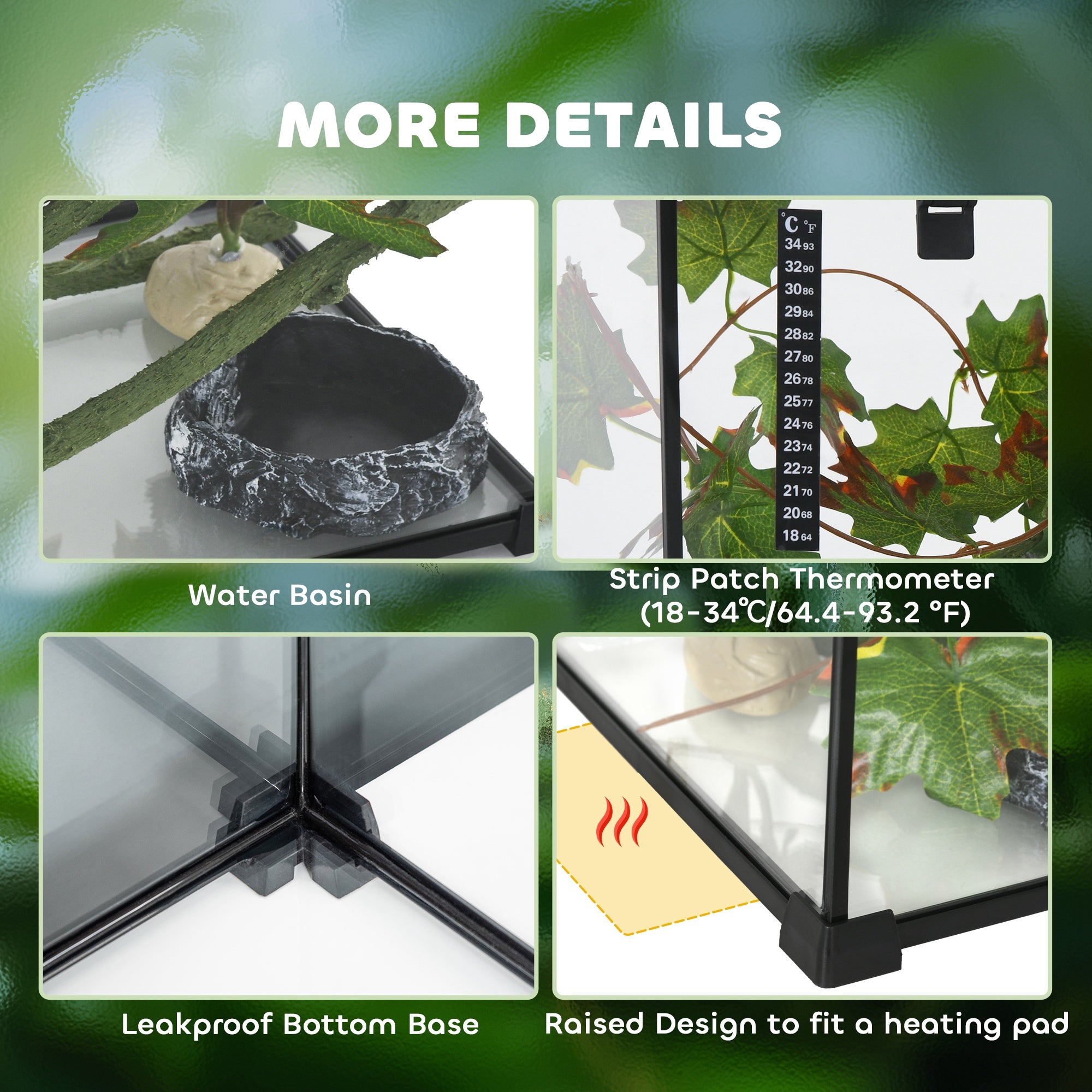 PawHut Vivarium, Terrarium, Glass Reptile Habitat w/ Thermometer, Decoration, Heat for Lizards, Horned Frogs, Snakes, Spiders, 50 x 30 x 25cm