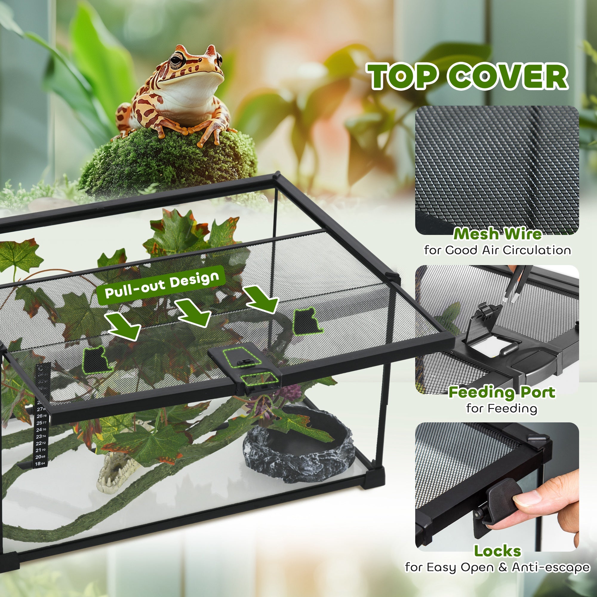 PawHut Vivarium, Terrarium, Glass Reptile Habitat w/ Thermometer, Decoration, Heat for Lizards, Horned Frogs, Snakes, Spiders, 50 x 30 x 25cm