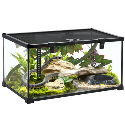 PawHut Vivarium, Terrarium, Glass Reptile Habitat w/ Thermometer, Decoration, Heat for Lizards, Horned Frogs, Snakes, Spiders, 50 x 30 x 25cm