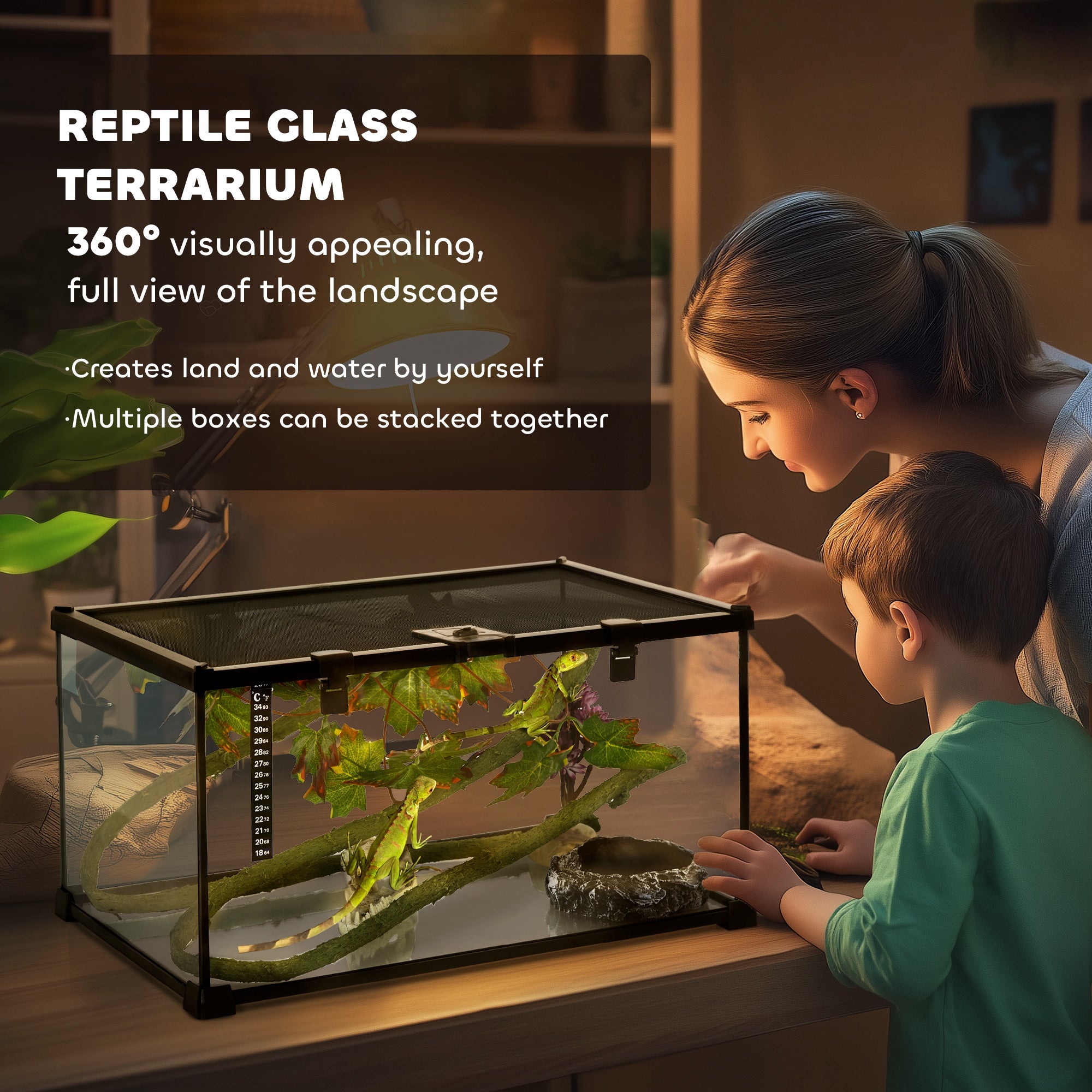 PawHut Vivarium, Terrarium, Glass Reptile Habitat w/ Thermometer, Decoration, Heat for Lizards, Horned Frogs, Snakes, Spiders, 50 x 30 x 25cm