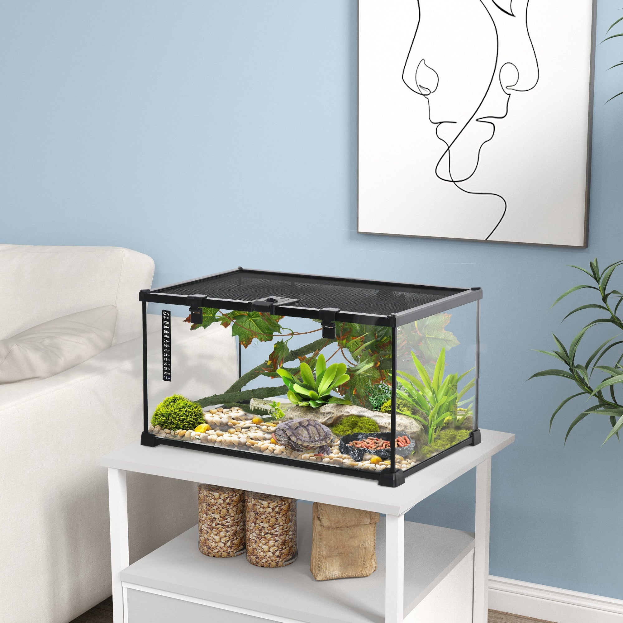 PawHut Vivarium, Terrarium, Glass Reptile Habitat w/ Thermometer, Decoration, Heat for Lizards, Horned Frogs, Snakes, Spiders, 50 x 30 x 25cm