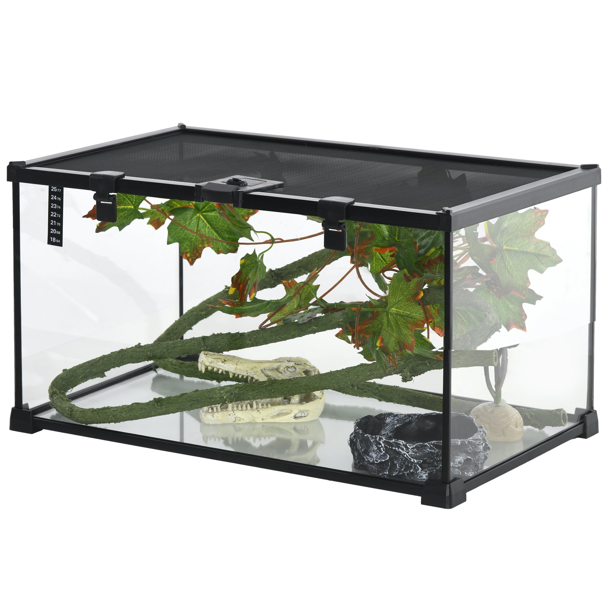 PawHut Vivarium, Terrarium, Glass Reptile Habitat w/ Thermometer, Decoration, Heat for Lizards, Horned Frogs, Snakes, Spiders, 50 x 30 x 25cm