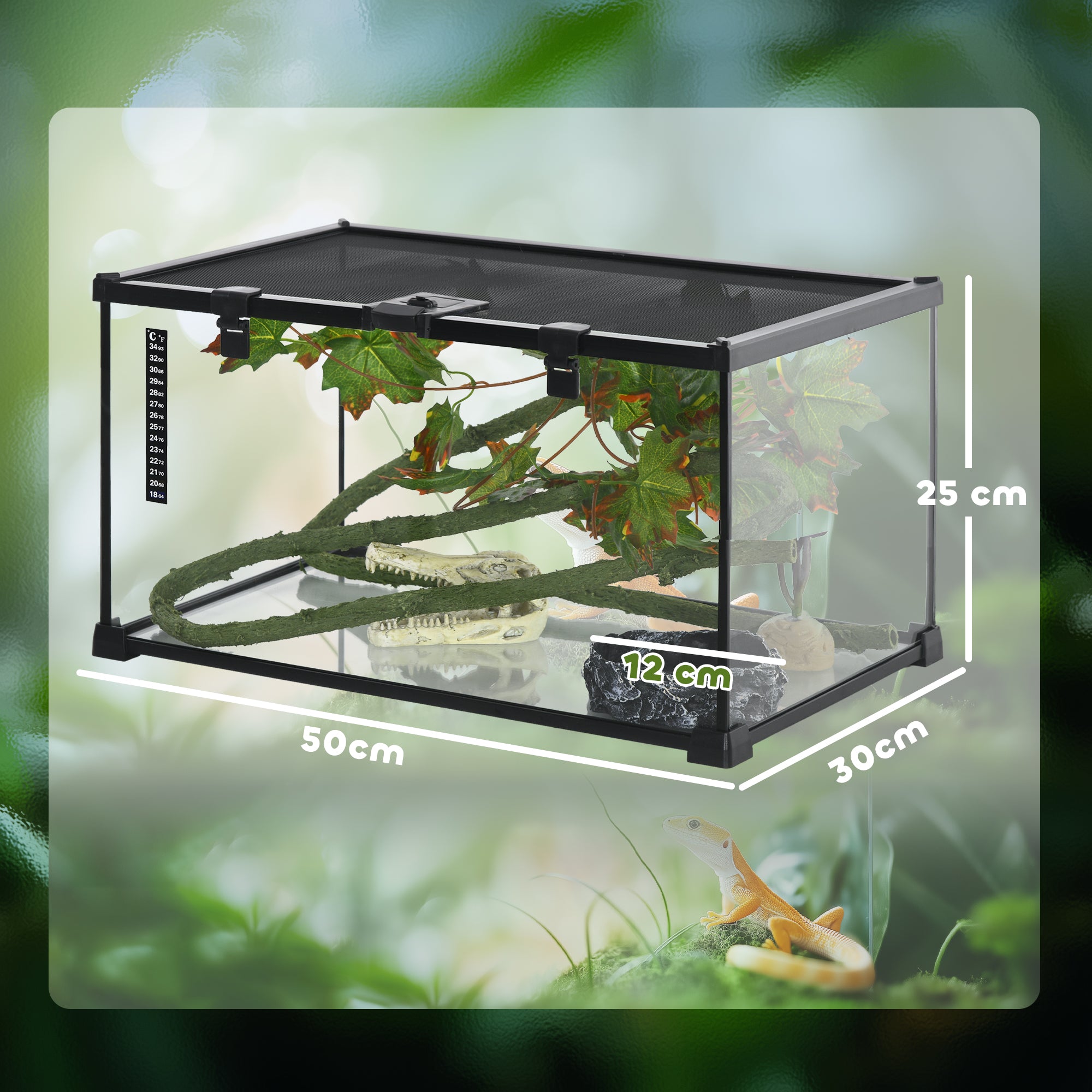 PawHut Vivarium, Terrarium, Glass Reptile Habitat w/ Thermometer, Decoration, Heat for Lizards, Horned Frogs, Snakes, Spiders, 50 x 30 x 25cm