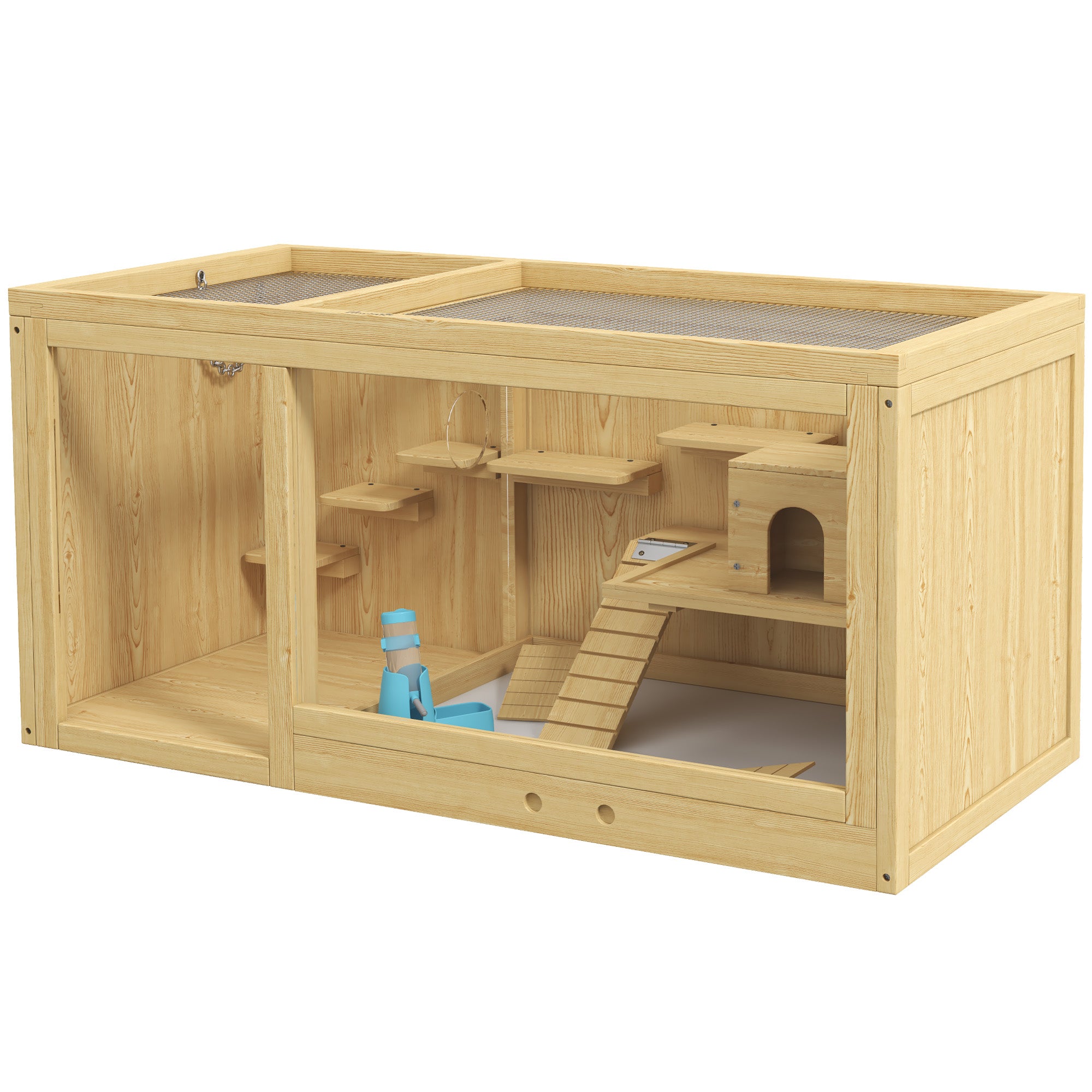 PawHut Wooden Hamster Cage with Water Bottle, Small Animal Exercise Play House with Platforms, Openable Roof, Sliding Tray, Hut, Seesaws, Natural Wood Finish
