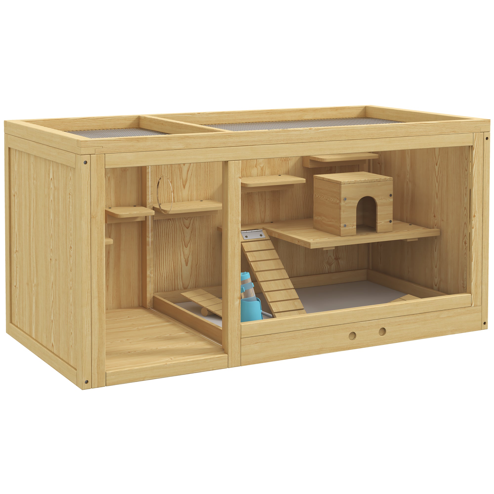 PawHut Wooden Hamster Cage with Water Bottle, Small Animal Exercise Play House with Platforms, Openable Roof, Sliding Tray, Hut, Seesaws, Natural Wood Finish