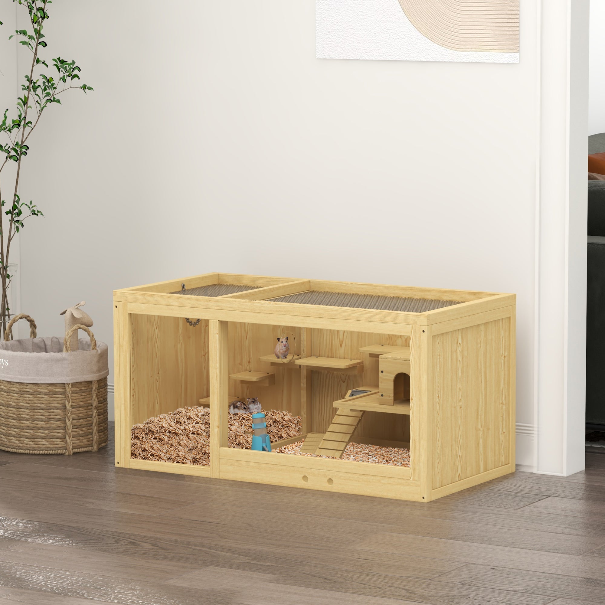 PawHut Wooden Hamster Cage with Water Bottle, Small Animal Exercise Play House with Platforms, Openable Roof, Sliding Tray, Hut, Seesaws, Natural Wood Finish