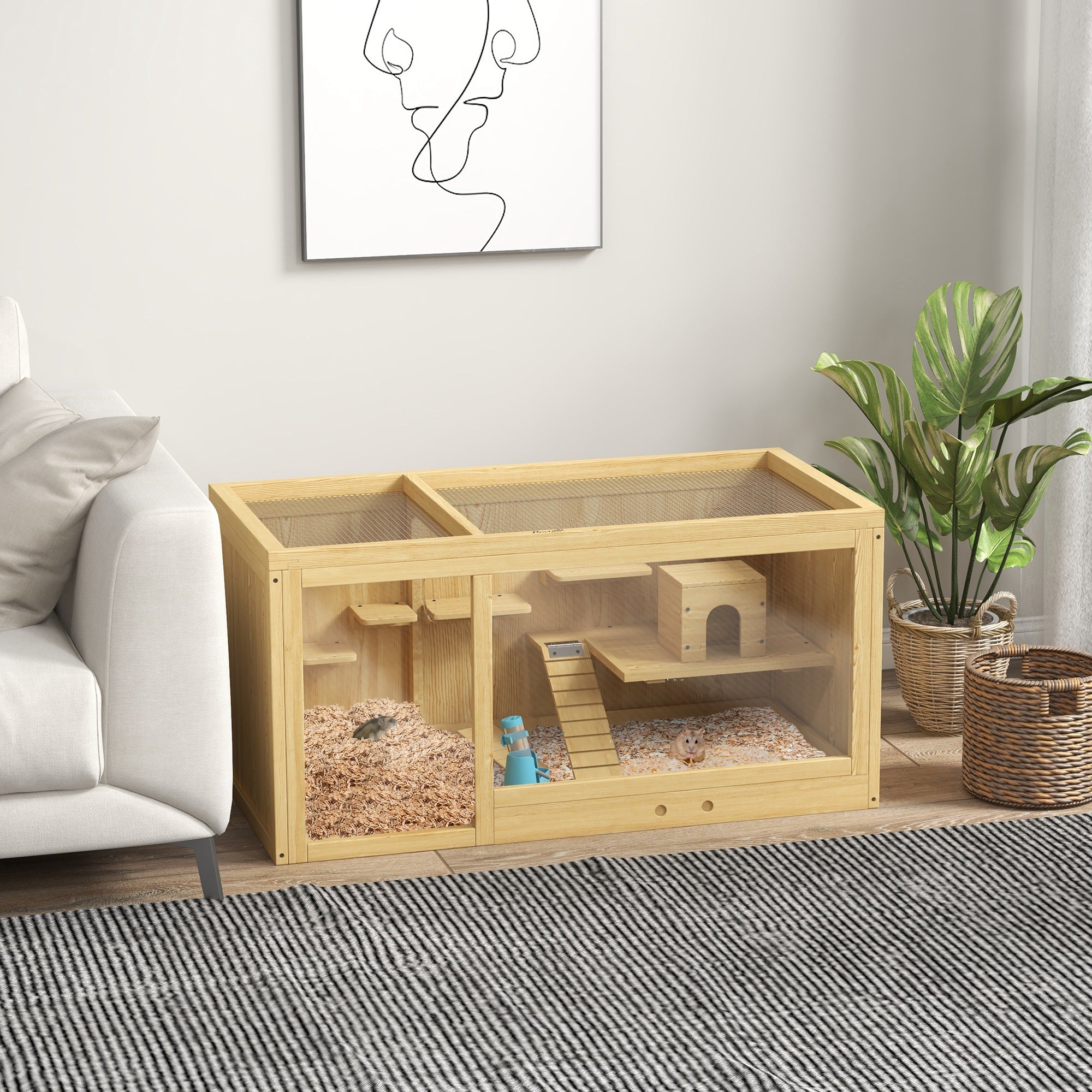 PawHut Wooden Hamster Cage with Water Bottle, Small Animal Exercise Play House with Platforms, Openable Roof, Sliding Tray, Hut, Seesaws, Natural Wood Finish