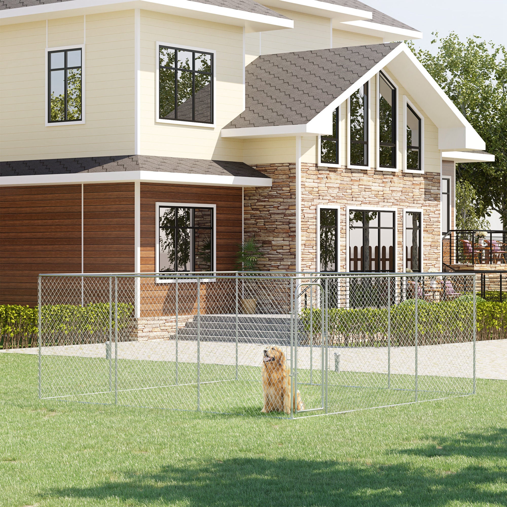 PawHut 228 Sq. Ft. Dog Playpen Outdoor, Walk-in Dog Run Kennel Puppy Exercise Pen with Galvanized Steel Frame, for Small and Medium Dogs, 15.1' x 15.1' x 6'