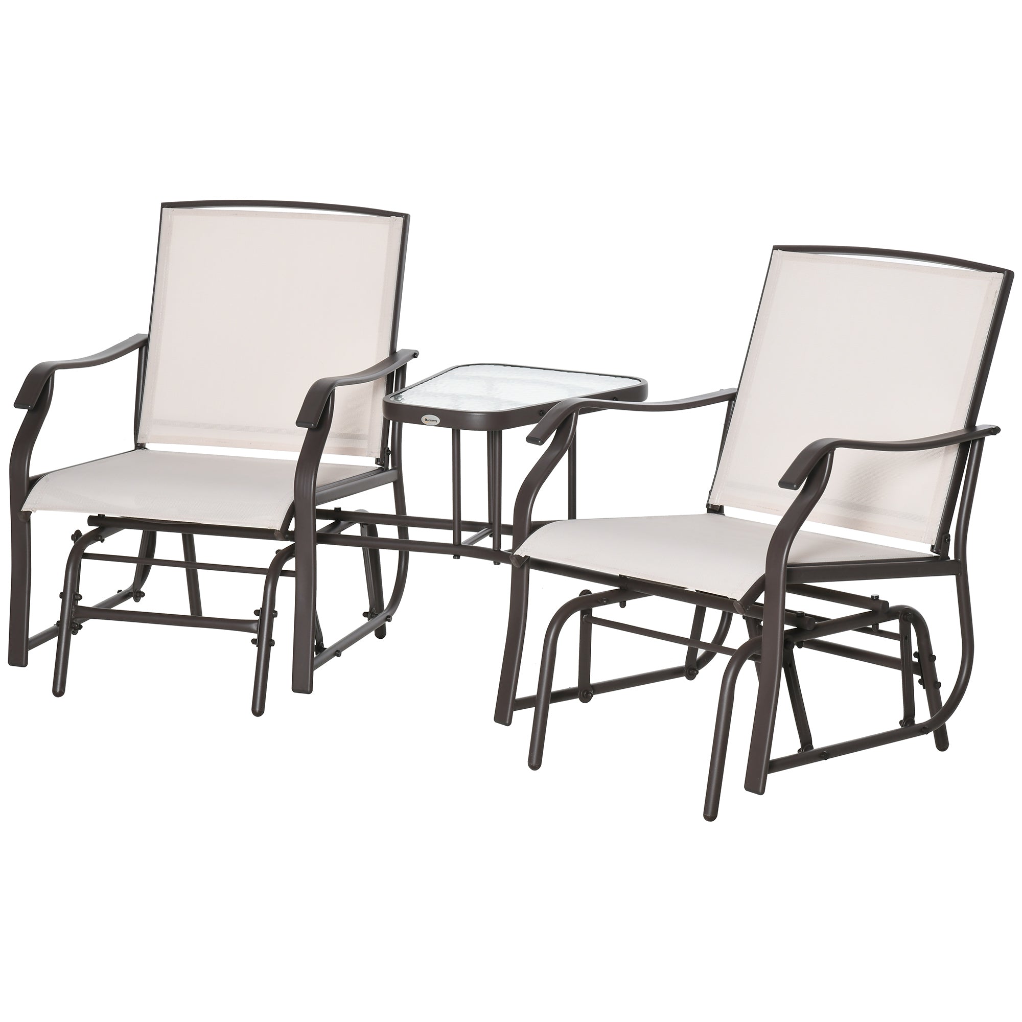 Outsunny Patio Double Glider Chair with Glass Top Center Table, Outdoor Glider Chair with High Back,  Sling Fabric for Garden, Bench, Beige