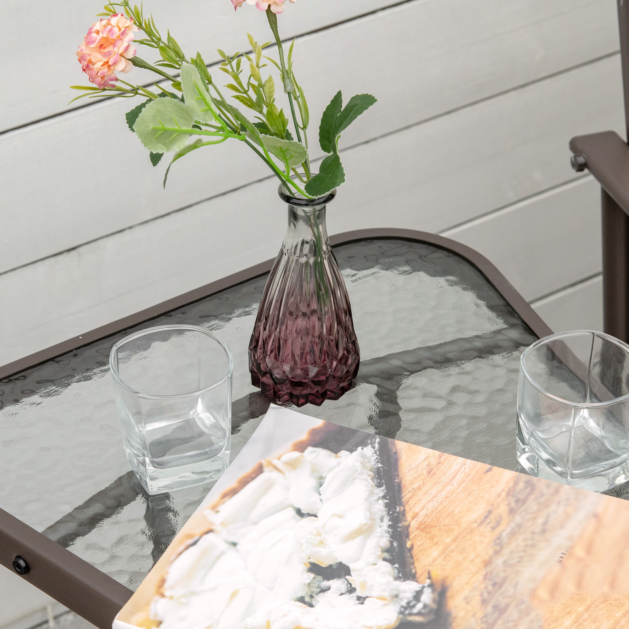 Outsunny Patio Double Glider Chair with Glass Top Center Table, Outdoor Glider Chair with High Back,  Sling Fabric for Garden, Bench, Beige