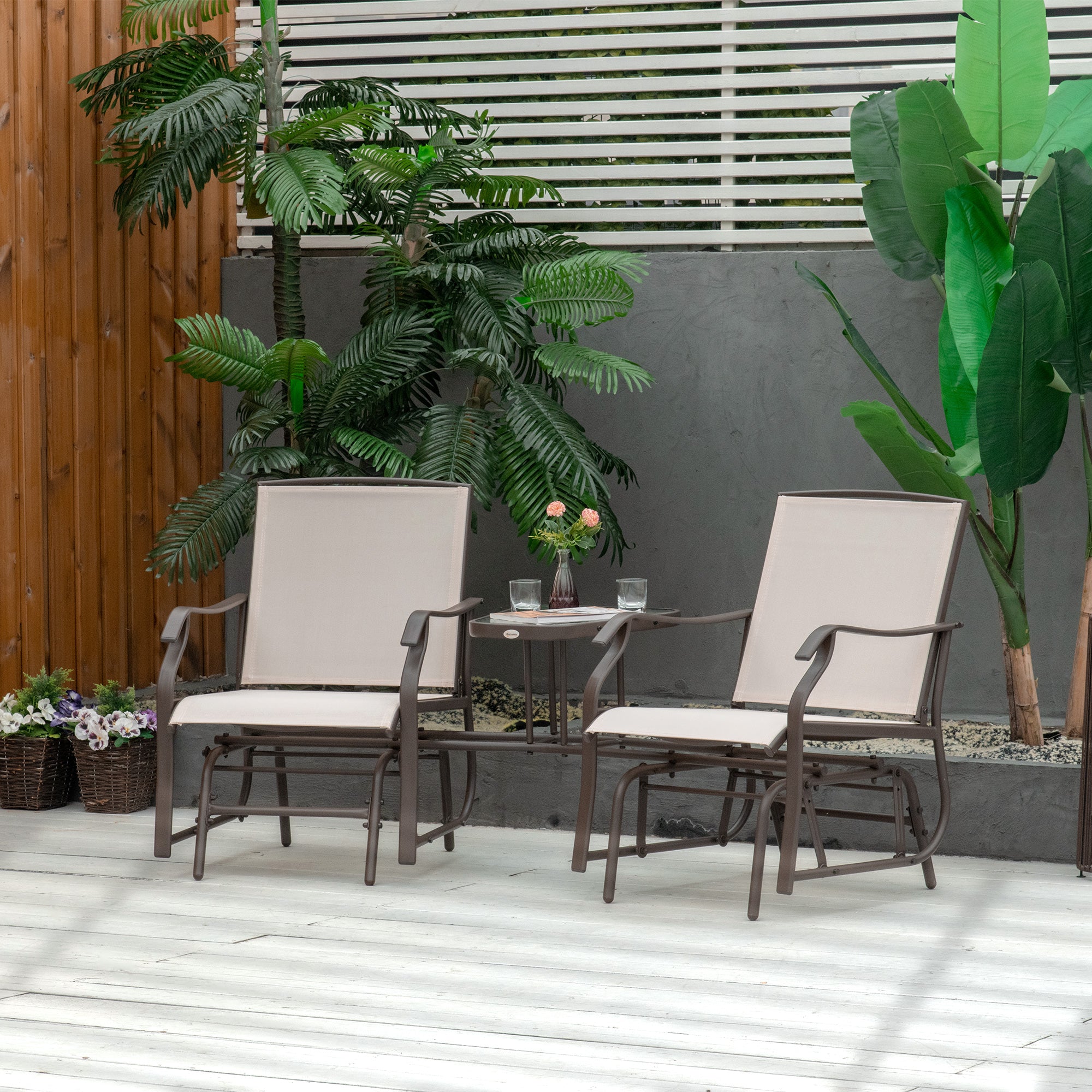 Outsunny Patio Double Glider Chair with Glass Top Center Table, Outdoor Glider Chair with High Back,  Sling Fabric for Garden, Bench, Beige