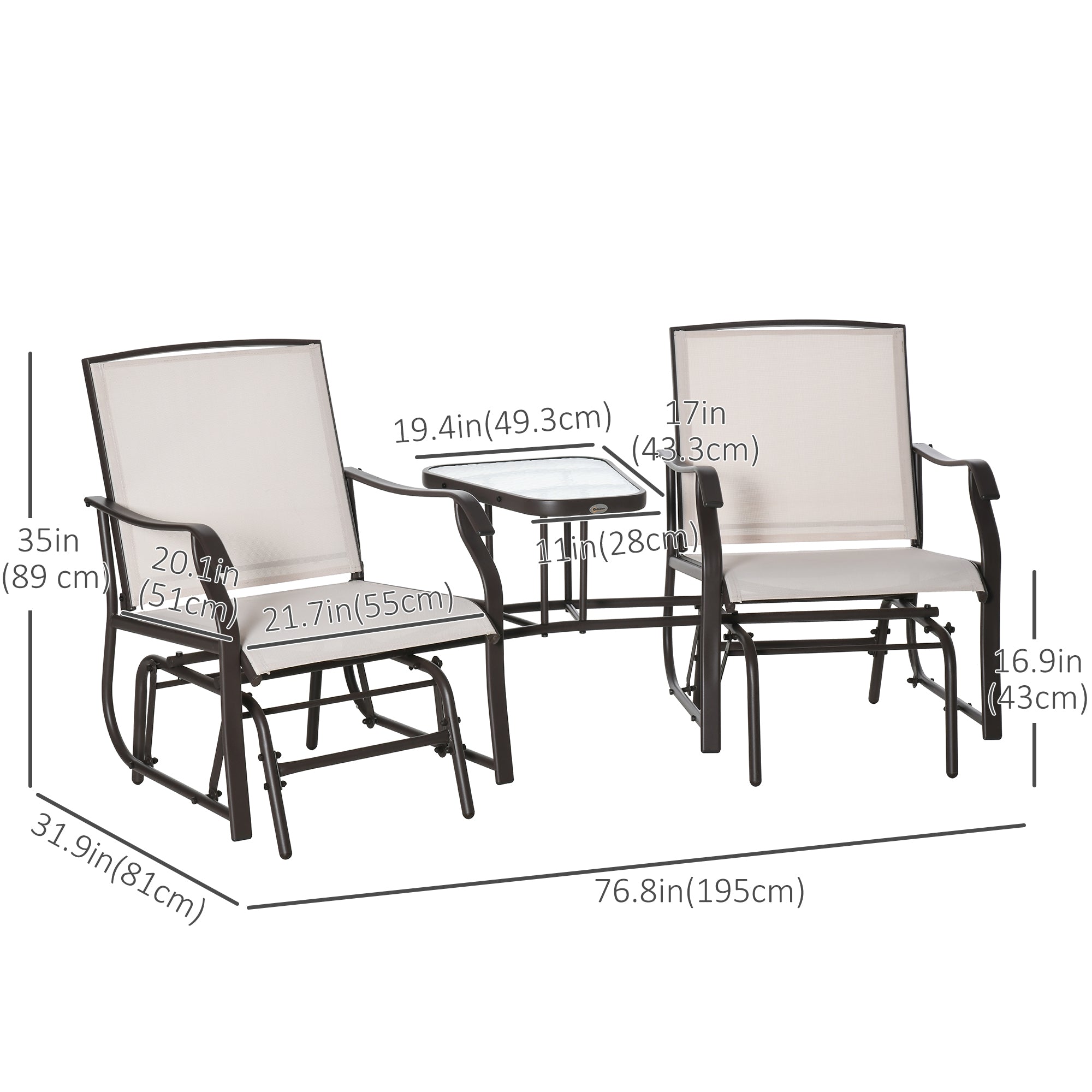 Outsunny Patio Double Glider Chair with Glass Top Center Table, Outdoor Glider Chair with High Back,  Sling Fabric for Garden, Bench, Beige