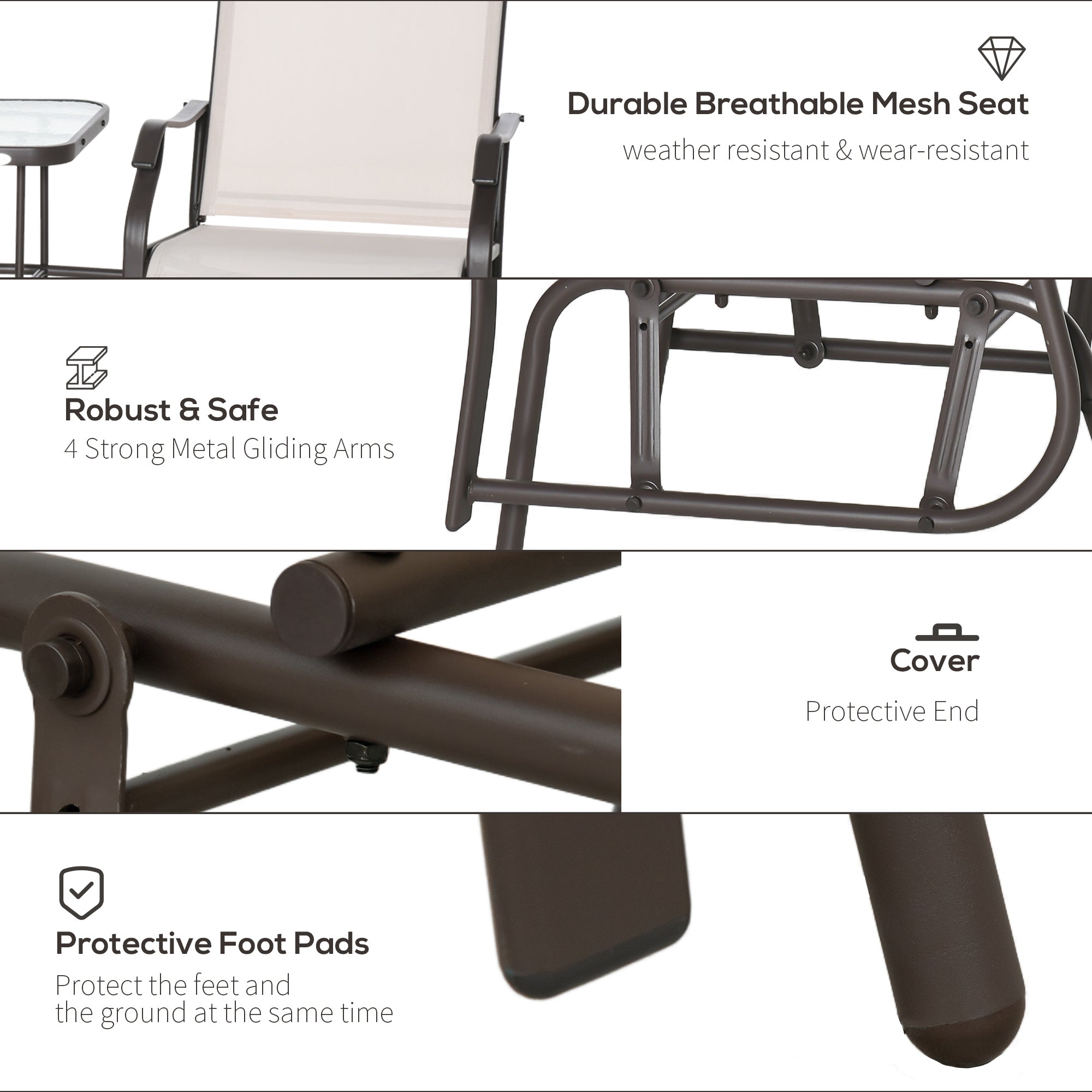 Outsunny Patio Double Glider Chair with Glass Top Center Table, Outdoor Glider Chair with High Back,  Sling Fabric for Garden, Bench, Beige