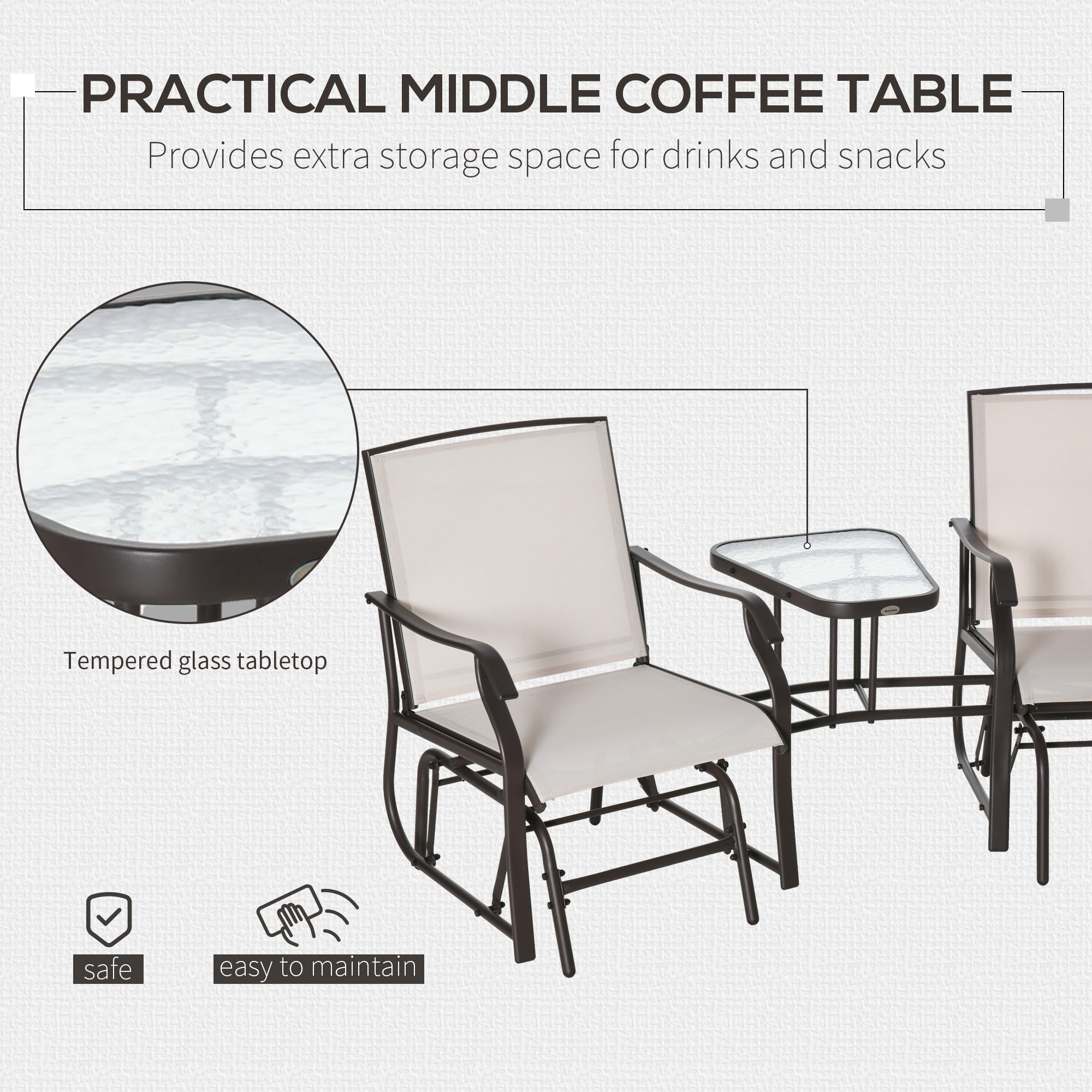 Outsunny Patio Double Glider Chair with Glass Top Center Table, Outdoor Glider Chair with High Back,  Sling Fabric for Garden, Bench, Beige