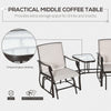 Outsunny Patio Double Glider Chair with Glass Top Center Table, Outdoor Glider Chair with High Back,  Sling Fabric for Garden, Bench, Beige