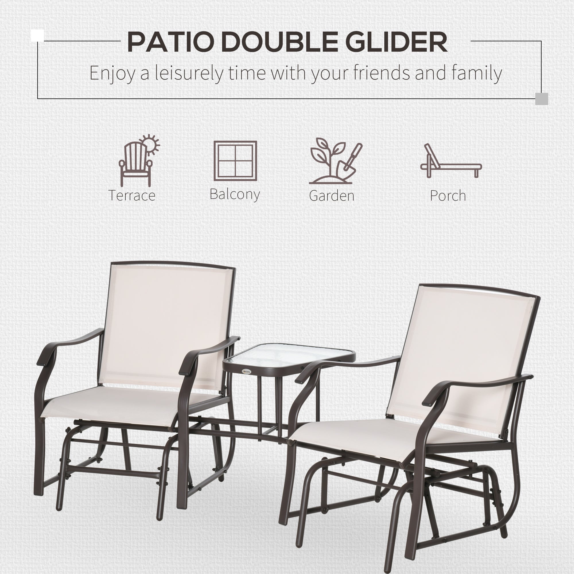 Outsunny Patio Double Glider Chair with Glass Top Center Table, Outdoor Glider Chair with High Back,  Sling Fabric for Garden, Bench, Beige