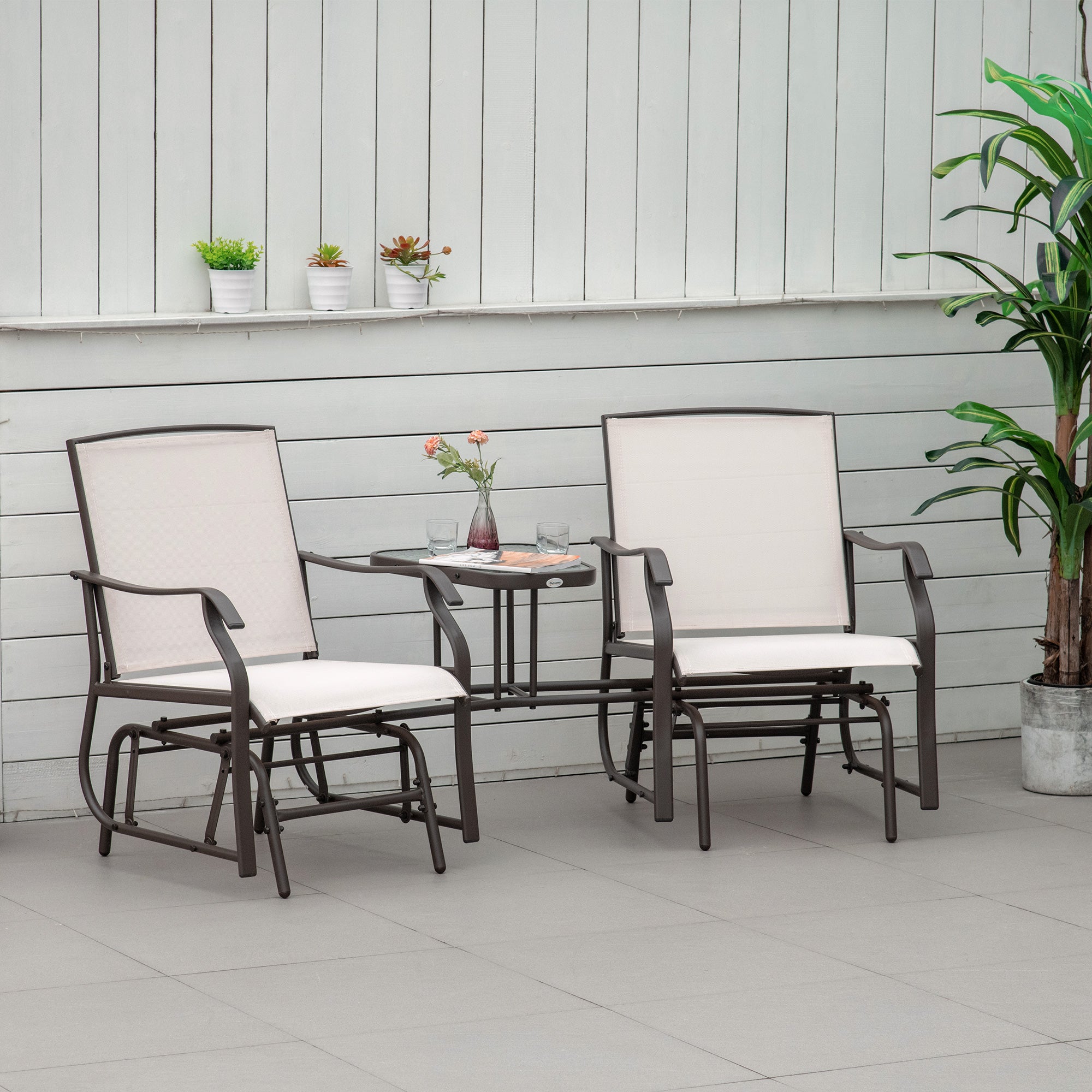 Outsunny Patio Double Glider Chair with Glass Top Center Table, Outdoor Glider Chair with High Back,  Sling Fabric for Garden, Bench, Beige