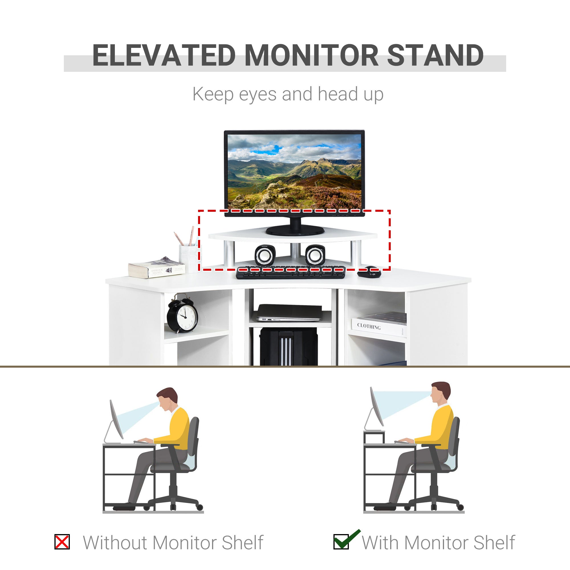 HOMCOM L-Shaped Computer Desk with Monitor Stand, Home Office Corner Desk Study Workstation for Small Space, White