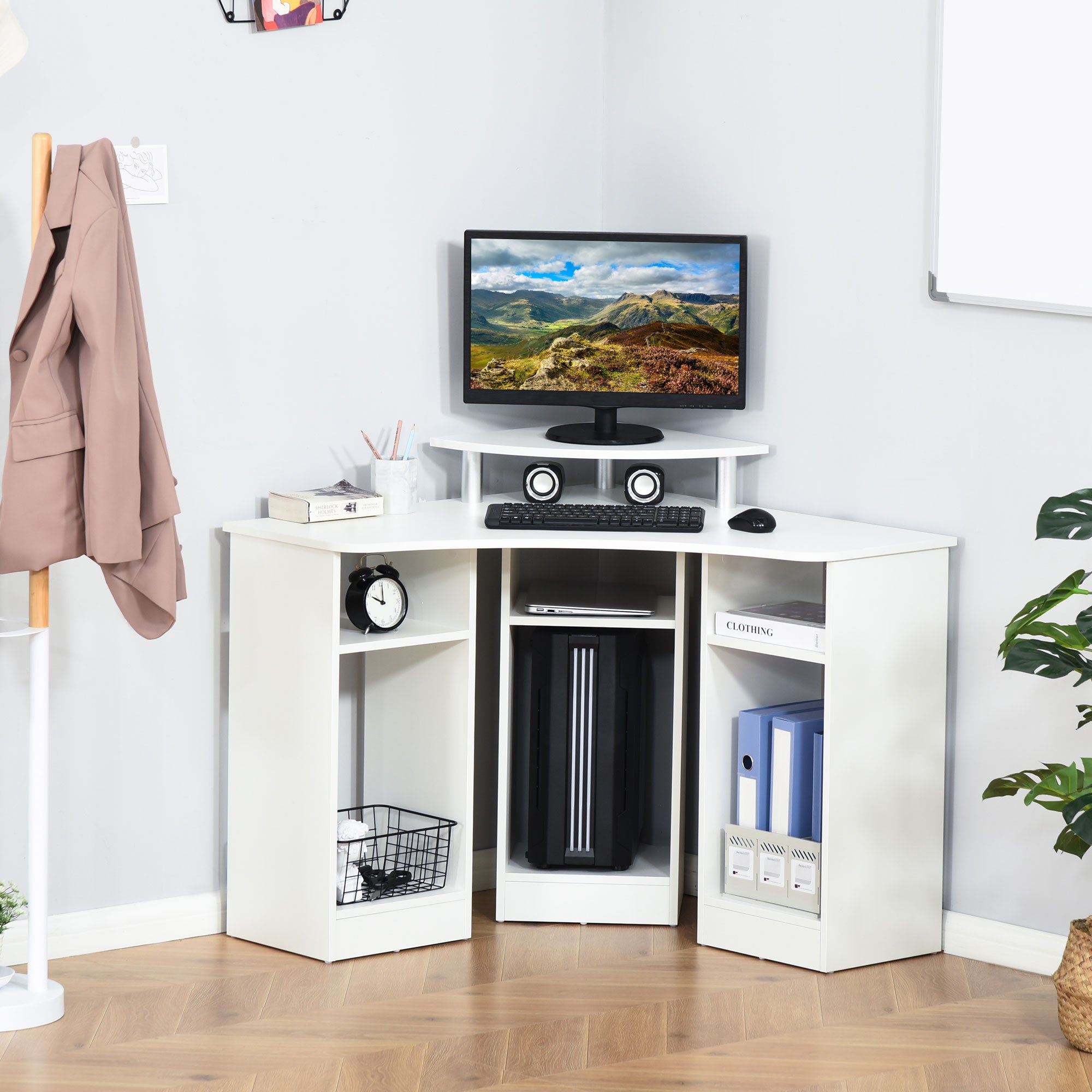 HOMCOM L-Shaped Computer Desk with Monitor Stand, Home Office Corner Desk Study Workstation for Small Space, White