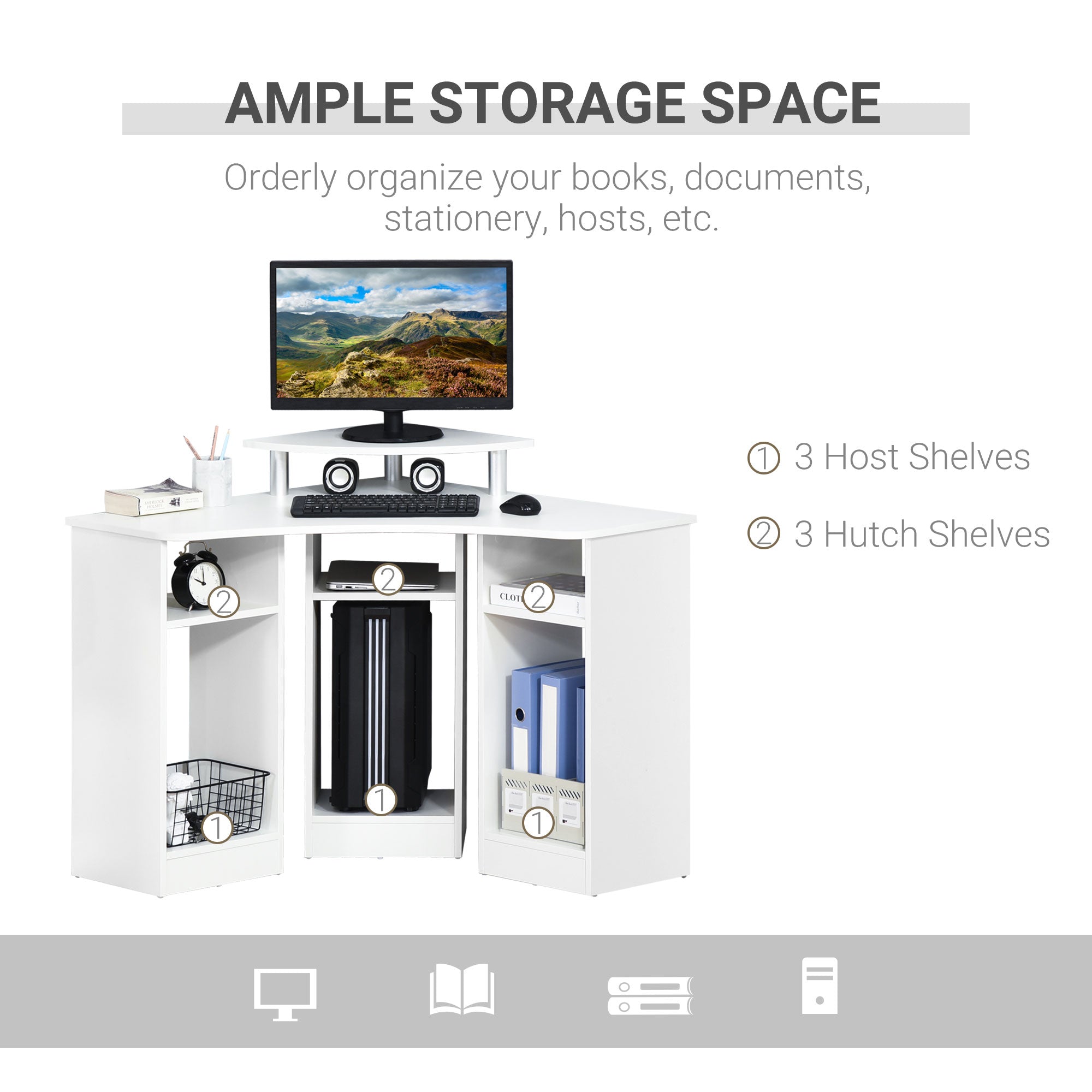 HOMCOM L-Shaped Computer Desk with Monitor Stand, Home Office Corner Desk Study Workstation for Small Space, White