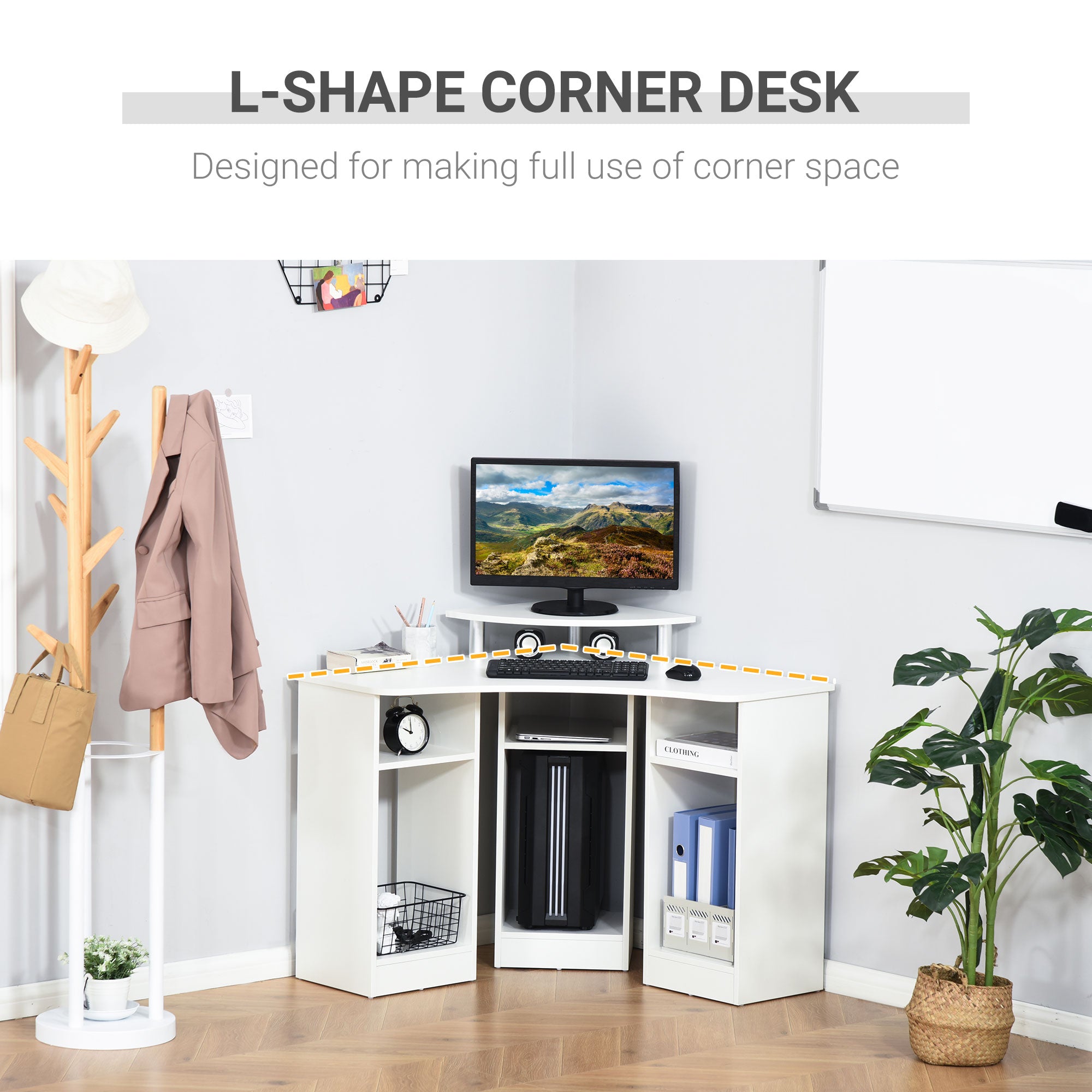 HOMCOM L-Shaped Computer Desk with Monitor Stand, Home Office Corner Desk Study Workstation for Small Space, White