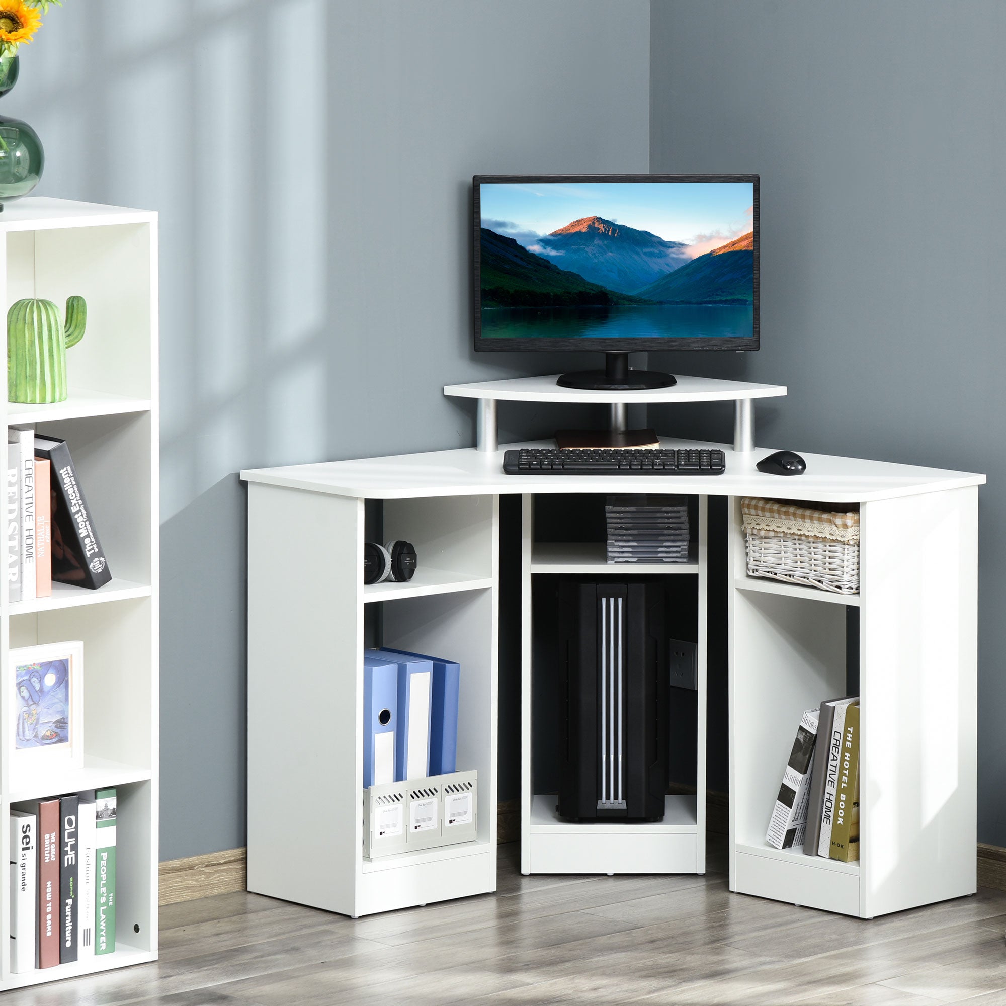 HOMCOM L-Shaped Computer Desk with Monitor Stand, Home Office Corner Desk Study Workstation for Small Space, White