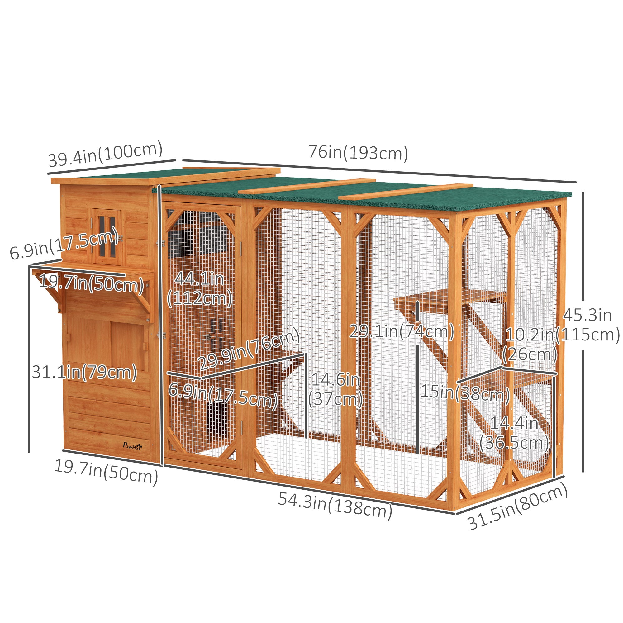 PawHut Wooden Cat Catio, 76"L Walk in Outdoor Cat House with Asphalt Roof, Platforms, Lockable Doors, 3-tier Resting Condo, Observation Window, for 2-3 Cats, Orange