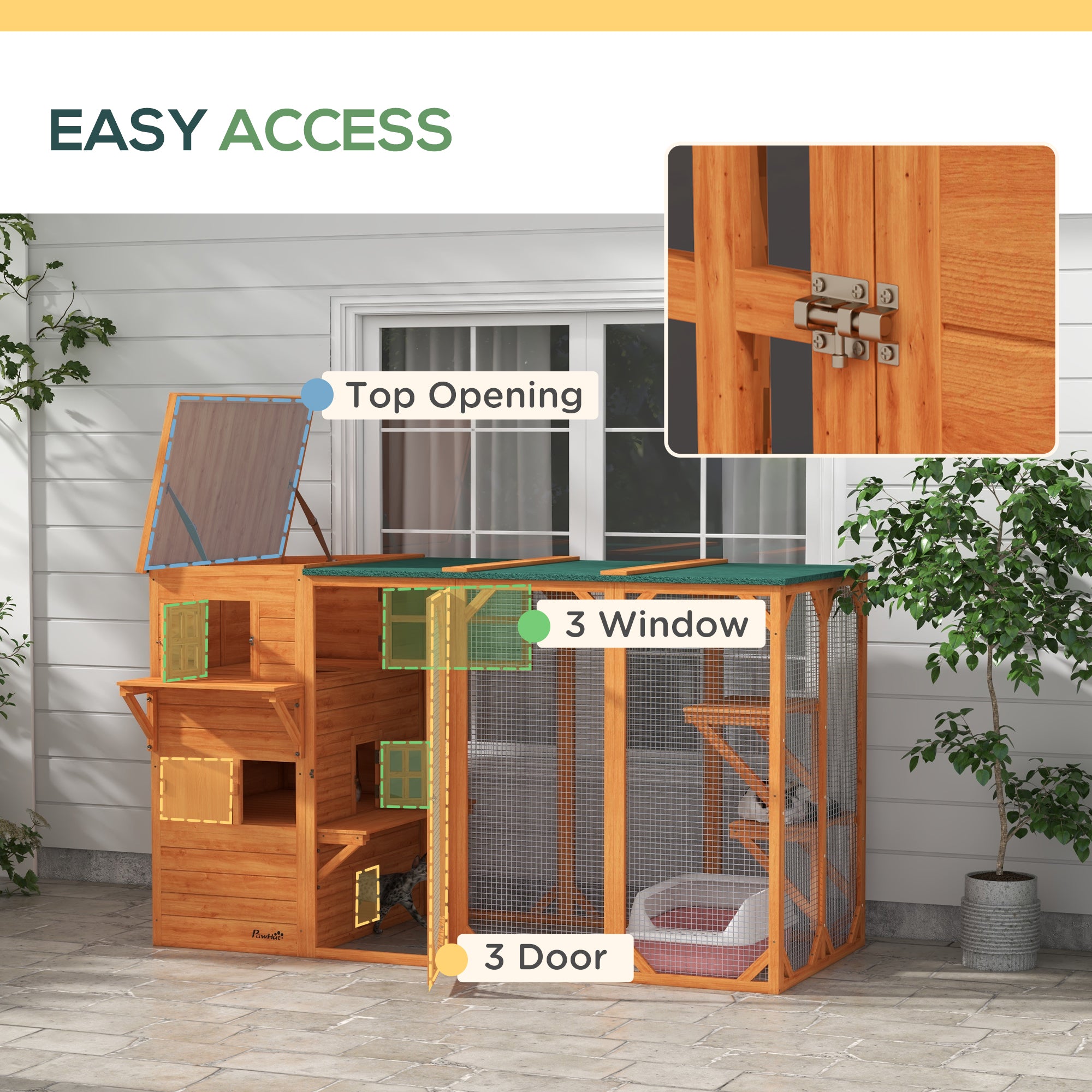 PawHut Catio Outdoor Cat Enclosure, Large Wood Kitten Cat House Enclosure with 3-Level Design, Weatherproof Roof, Big Hiding Areas, Multiple Platforms, Resting Box, 45"H, Orange