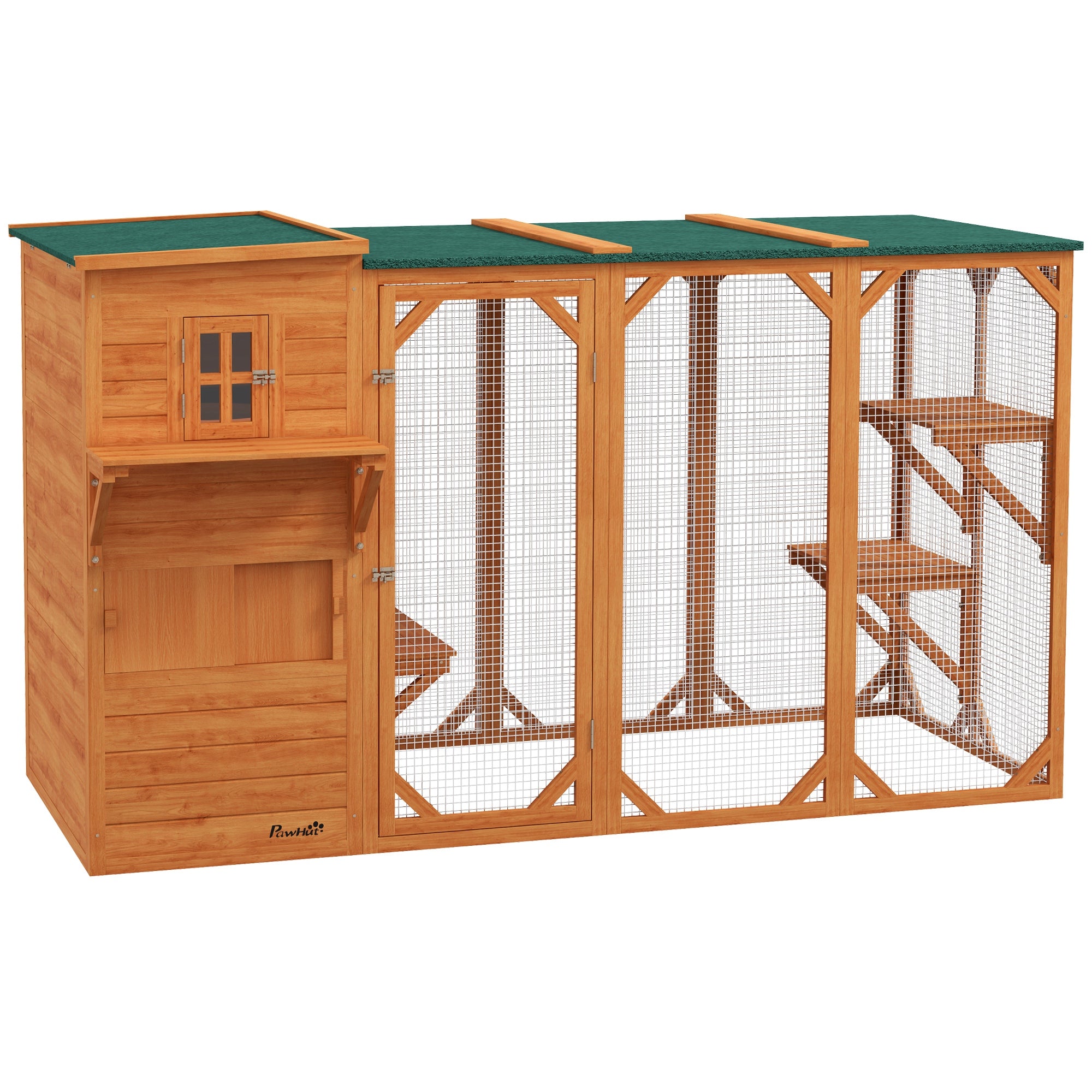 PawHut Wooden Cat Catio, 76"L Walk in Outdoor Cat House with Asphalt Roof, Platforms, Lockable Doors, 3-tier Resting Condo, Observation Window, for 2-3 Cats, Orange