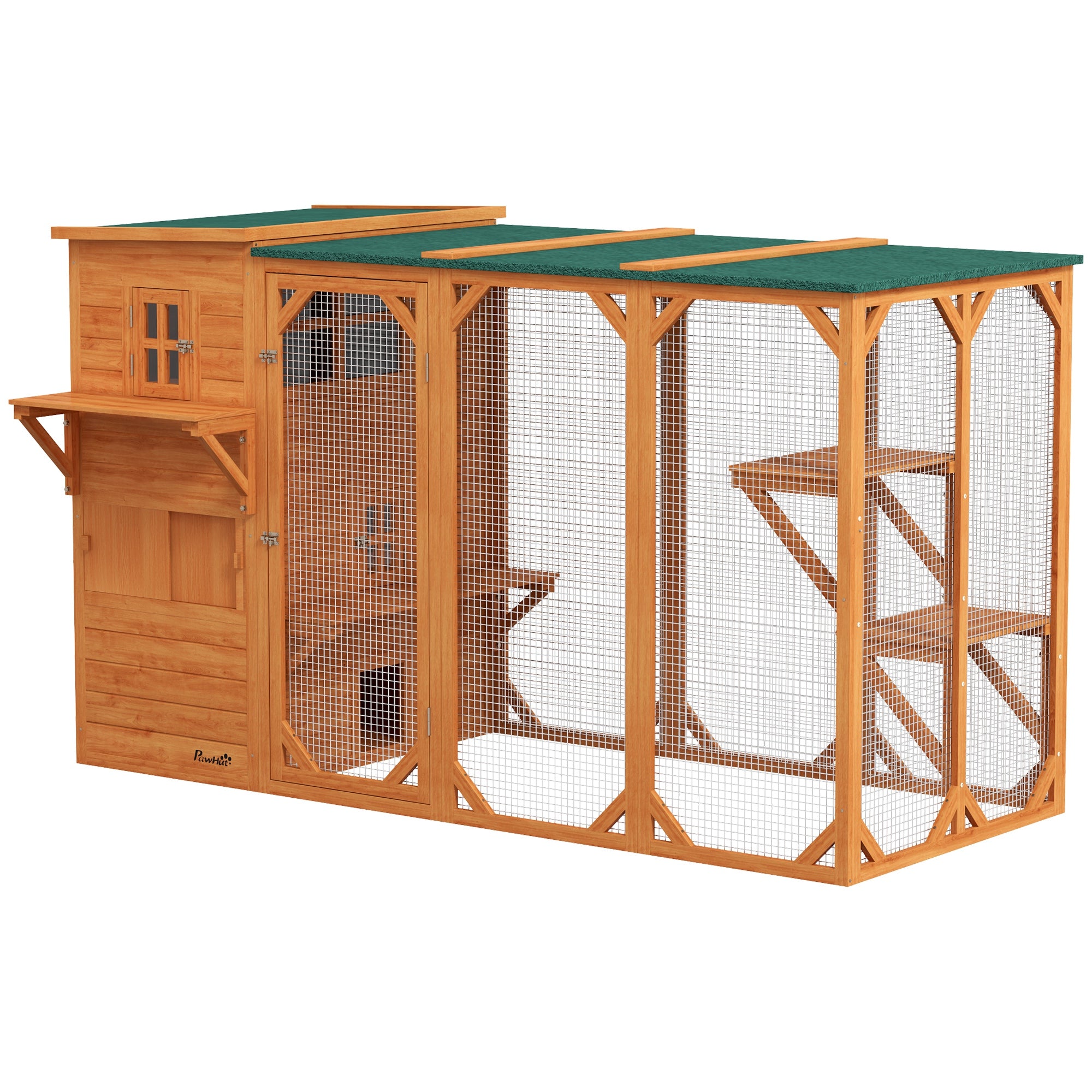 PawHut Wooden Cat Catio, 76"L Walk in Outdoor Cat House with Asphalt Roof, Platforms, Lockable Doors, 3-tier Resting Condo, Observation Window, for 2-3 Cats, Orange