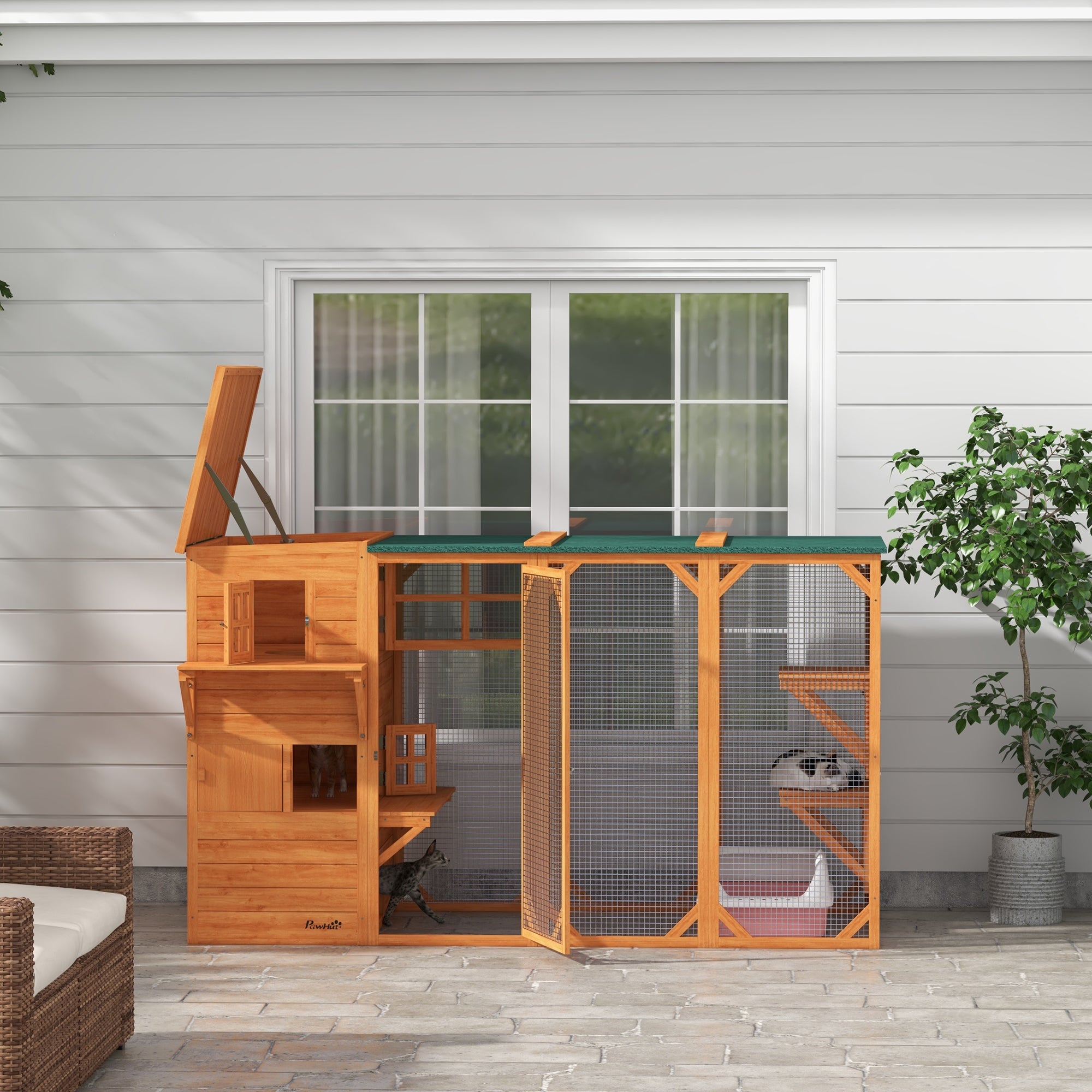 PawHut Catio Outdoor Cat Enclosure, Large Wood Kitten Cat House Enclosure with 3-Level Design, Weatherproof Roof, Big Hiding Areas, Multiple Platforms, Resting Box, 45"H, Orange